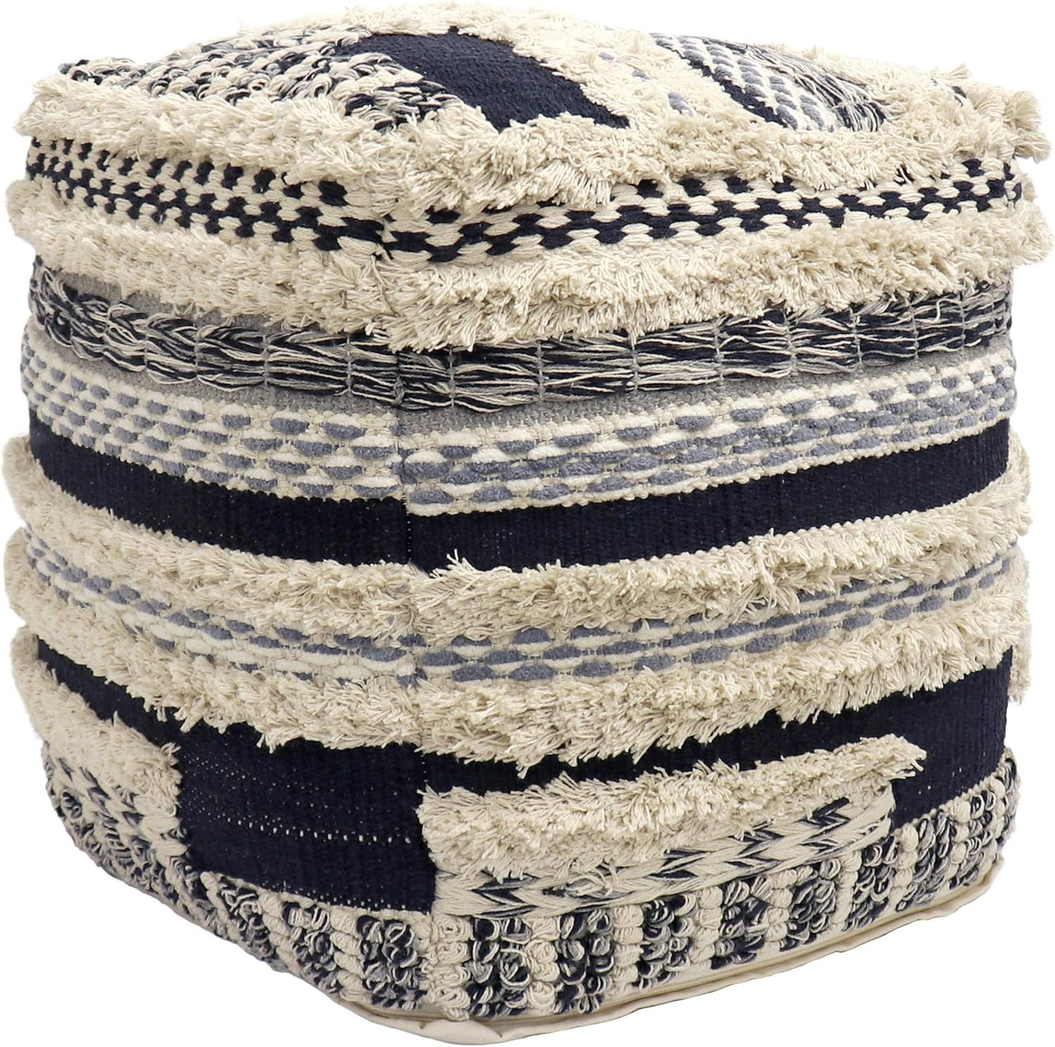 Navy and Beige Handwoven Cotton Shaggy Pouf