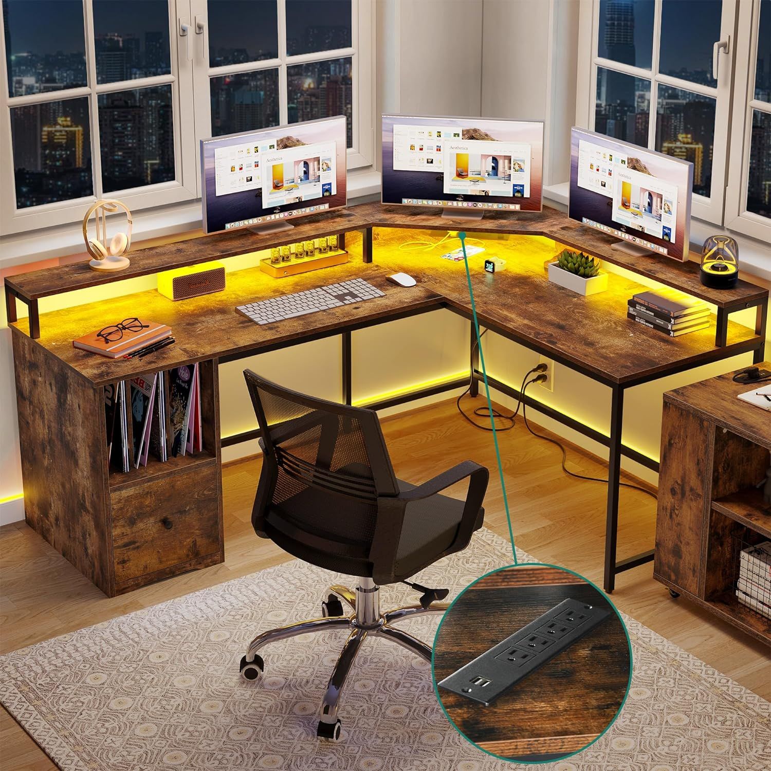 Rustic Brown L-Shaped Computer Desk with Power Outlets and Drawer