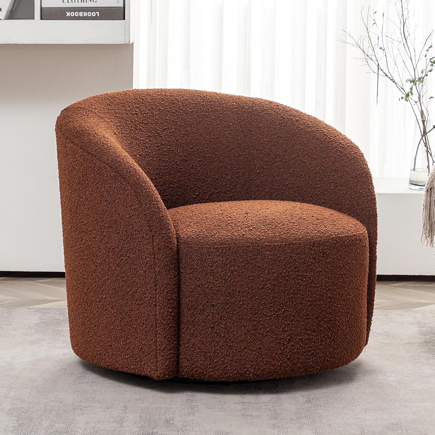 Brown Boucle Upholstered Swivel Barrel Accent Chair with Wooden Legs