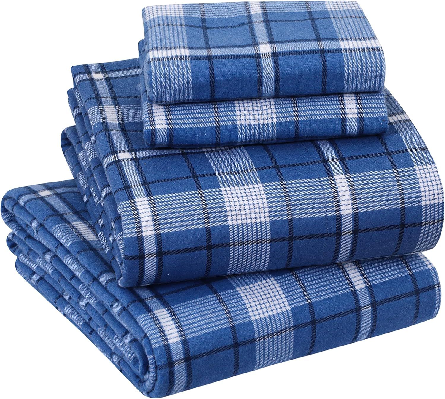 Queen Dark Blue Plaid Cotton Flannel Sheet Set