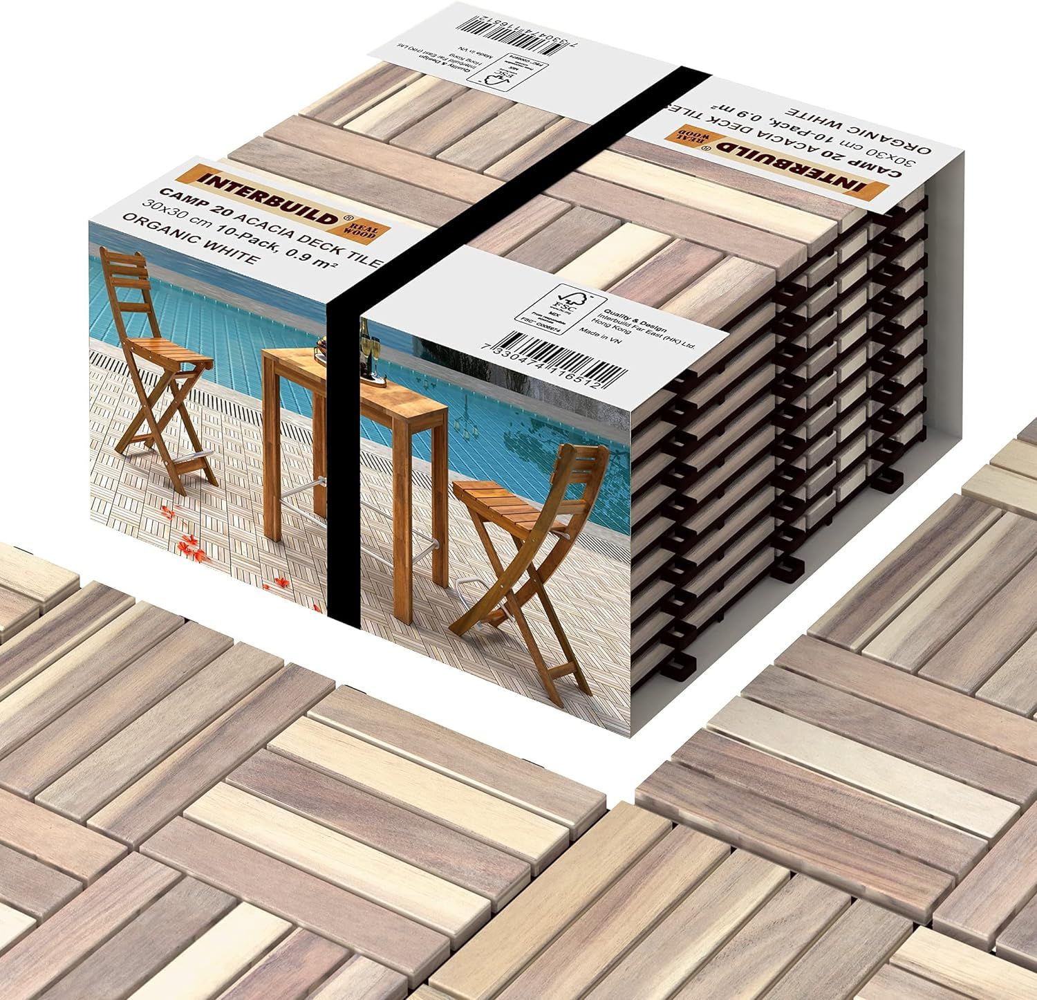 Organic White Acacia Hardwood Interlocking Deck Tiles, 12" x 12", Pack of 10