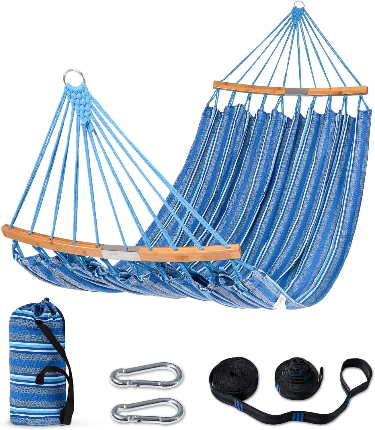 Blue Double Hammock with Curved Bamboo Spreader Bar