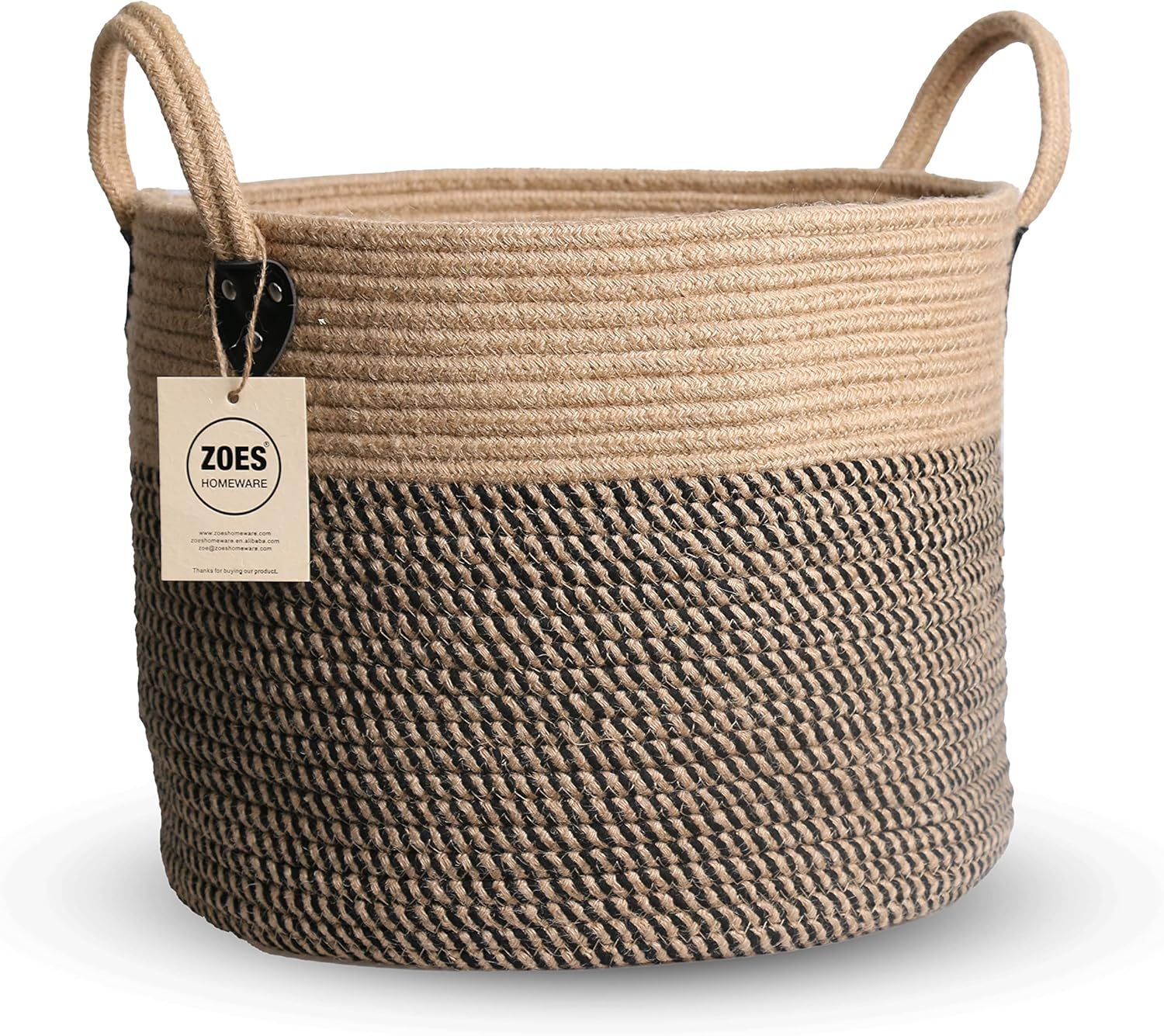 14"x12" Natural Jute and Black Rope Woven Storage Basket