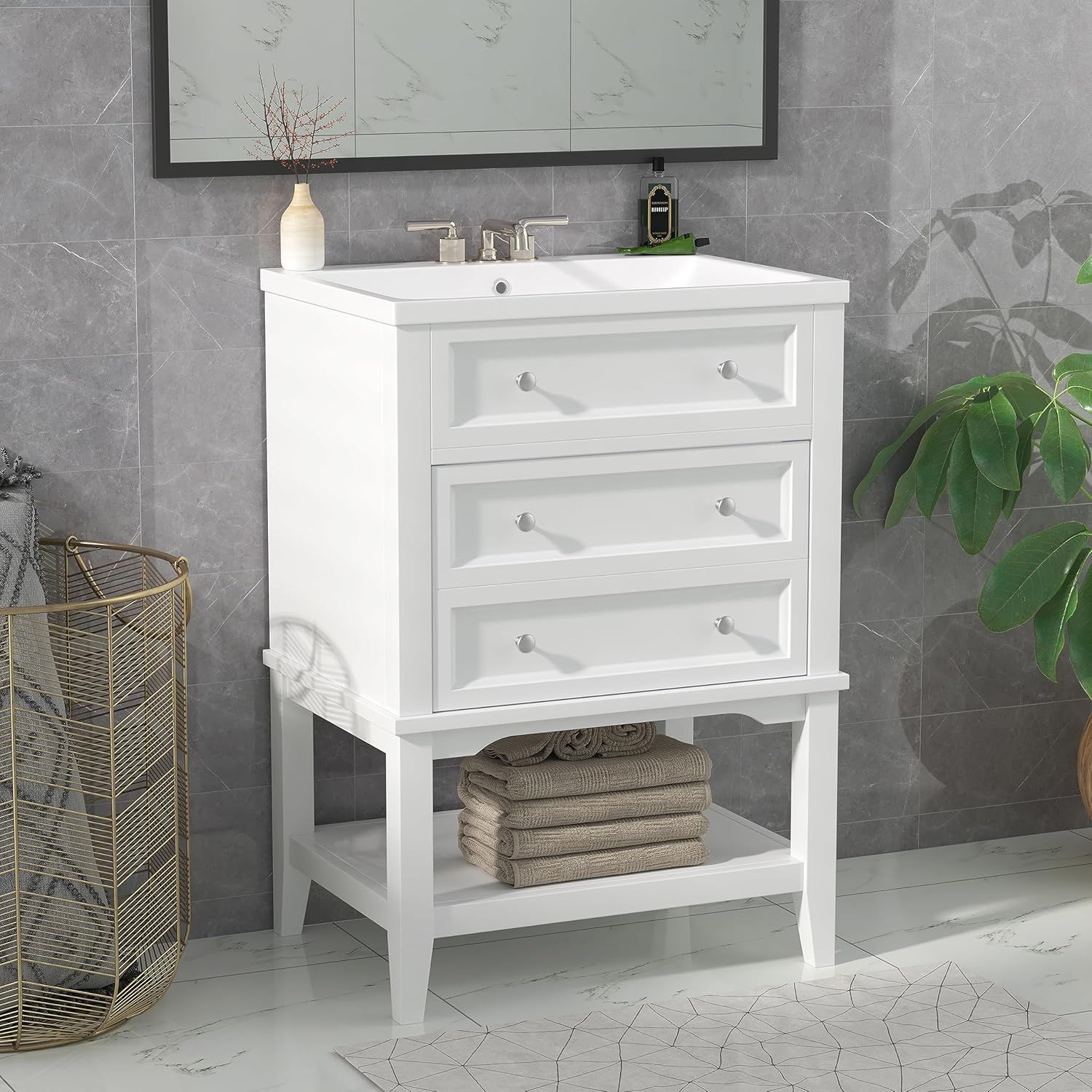 White 24'' Freestanding Bathroom Vanity with Ceramic Sink