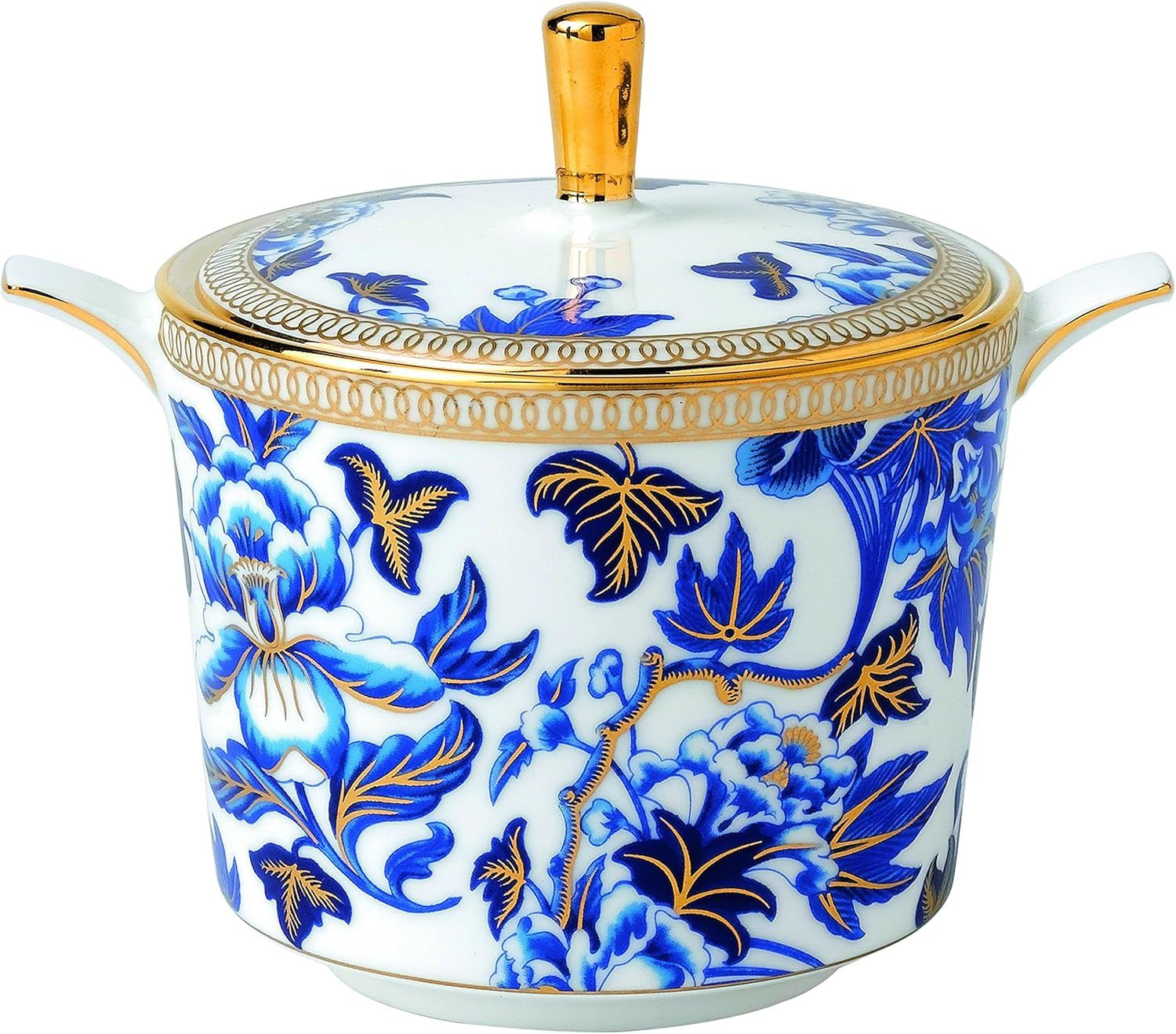 Blue and Gold Floral Fine Bone China Sugar Bowl with Lid