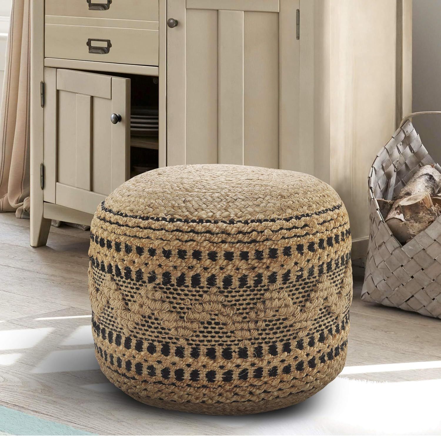 Tan and Black Hand-Woven Jute Cotton Round Pouf