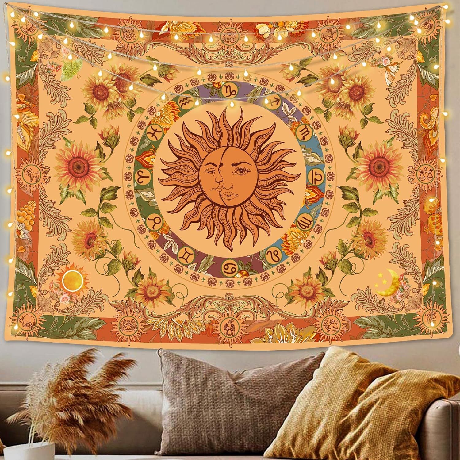 Orange Sun and Moon Polyester Tapestry with Sunflowers, 60'' × 80''