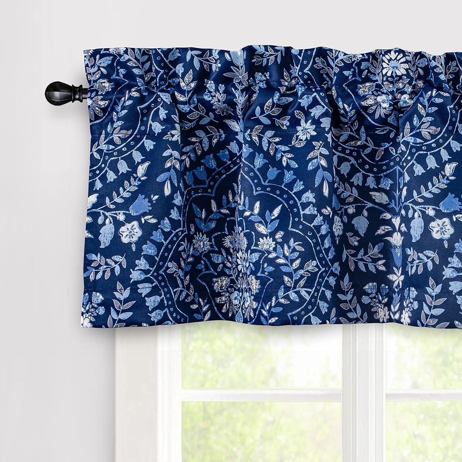 Navy Blue Floral Damask Blackout Rod Pocket Valance 52" x 14"