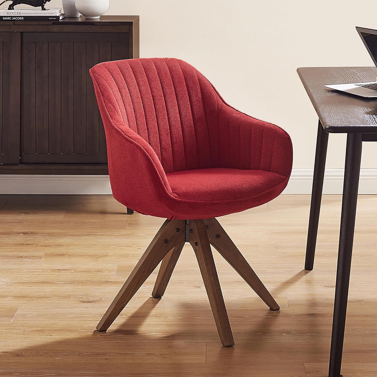 Red Fabric Swivel Accent Chair with Oak Wood Legs