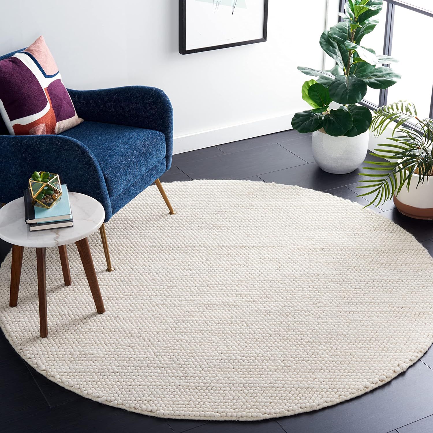 Ivory Round Hand-Tufted Wool Braided Area Rug