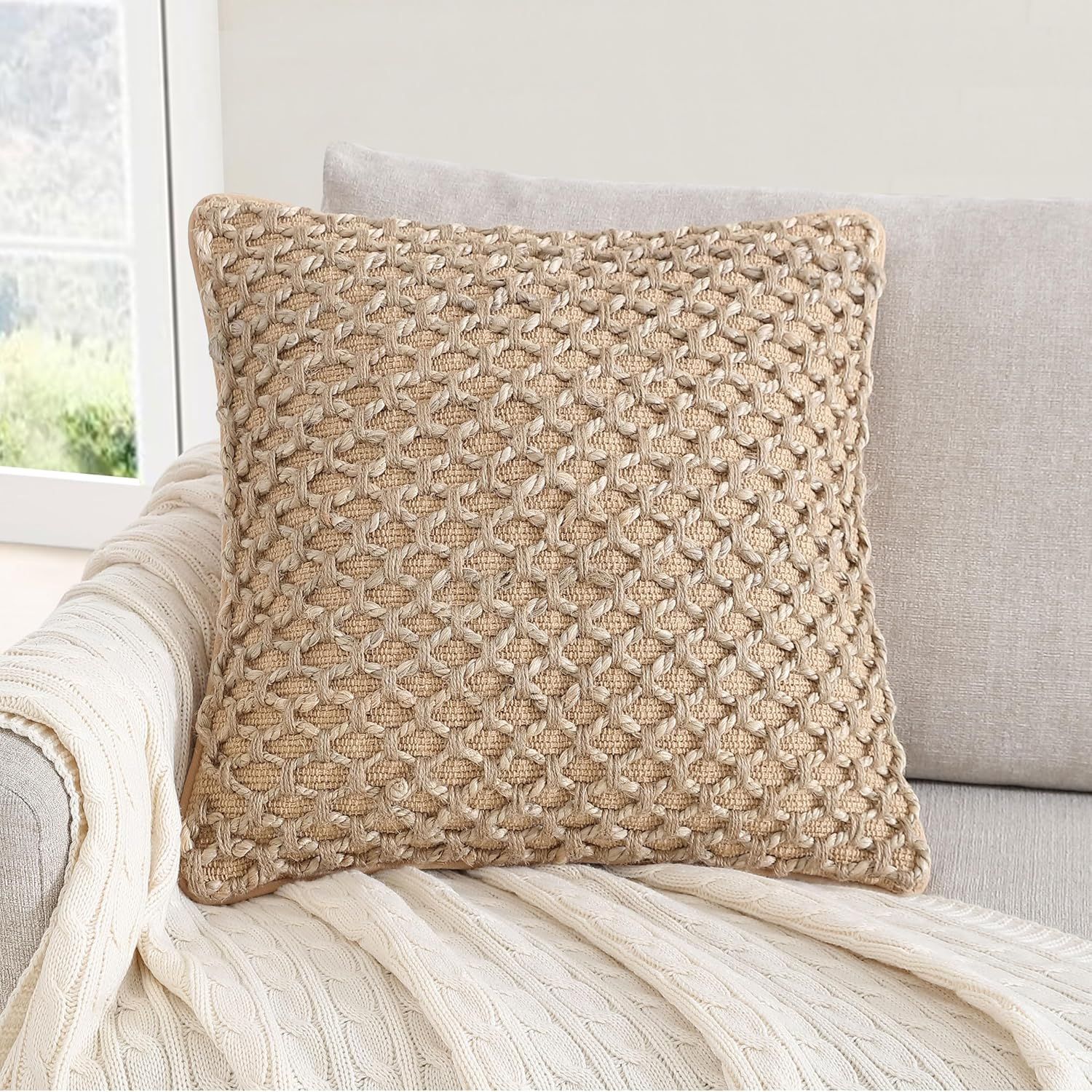Beige Braided Cotton and Jute Square Pillow with Insert