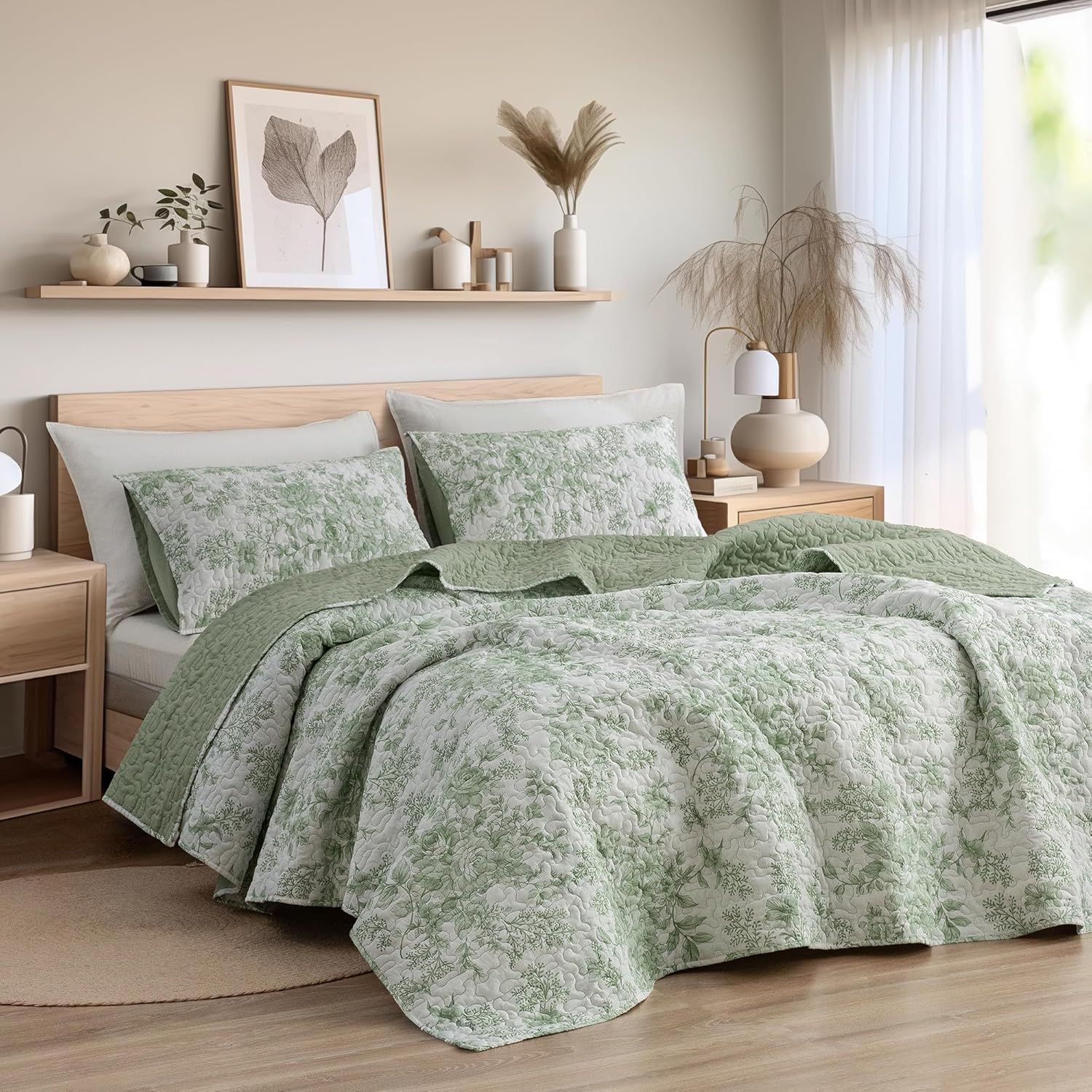 Sage Green Floral Cotton King Quilt Set