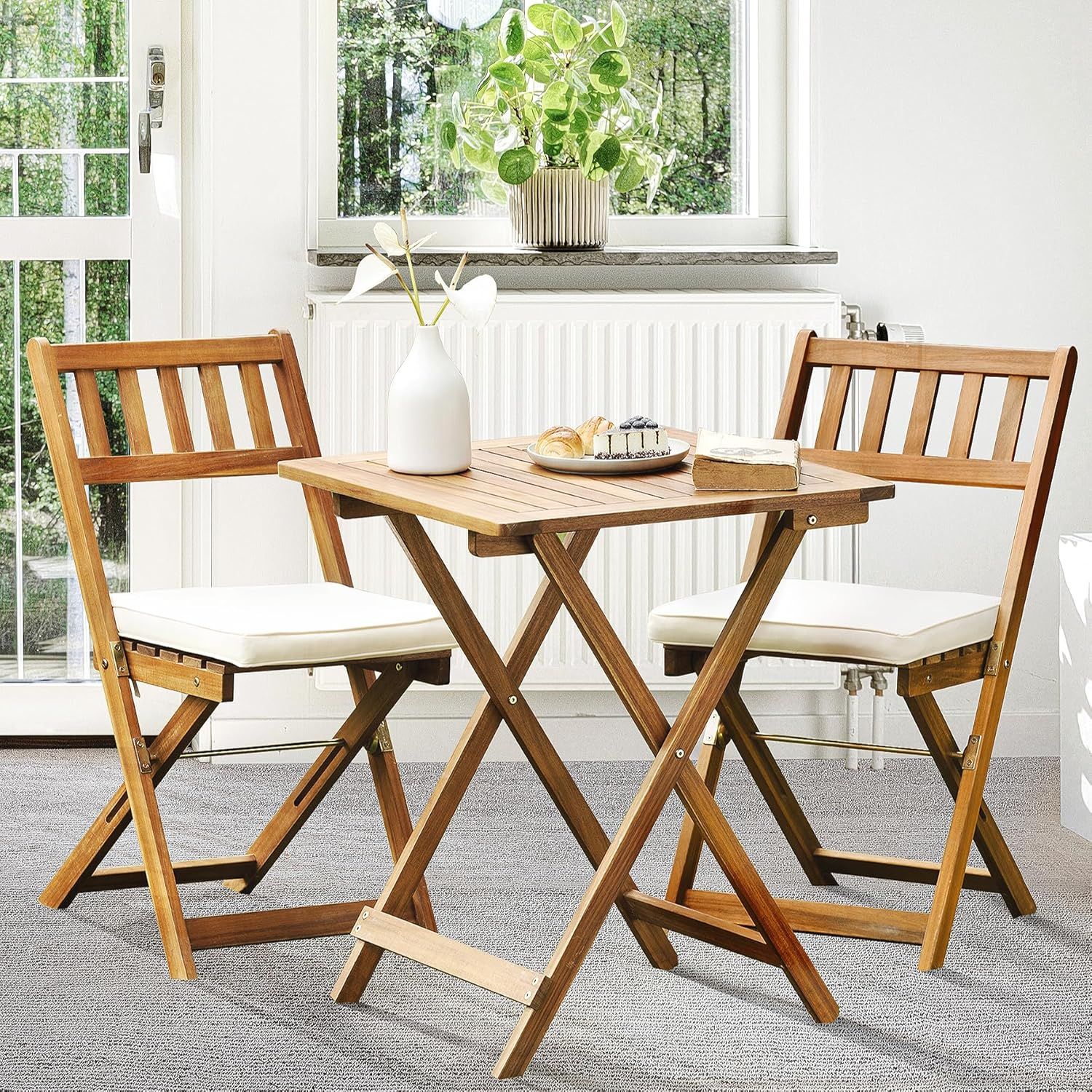 Acacia Wood Teak Look 3-Piece Folding Bistro Set with Cushions