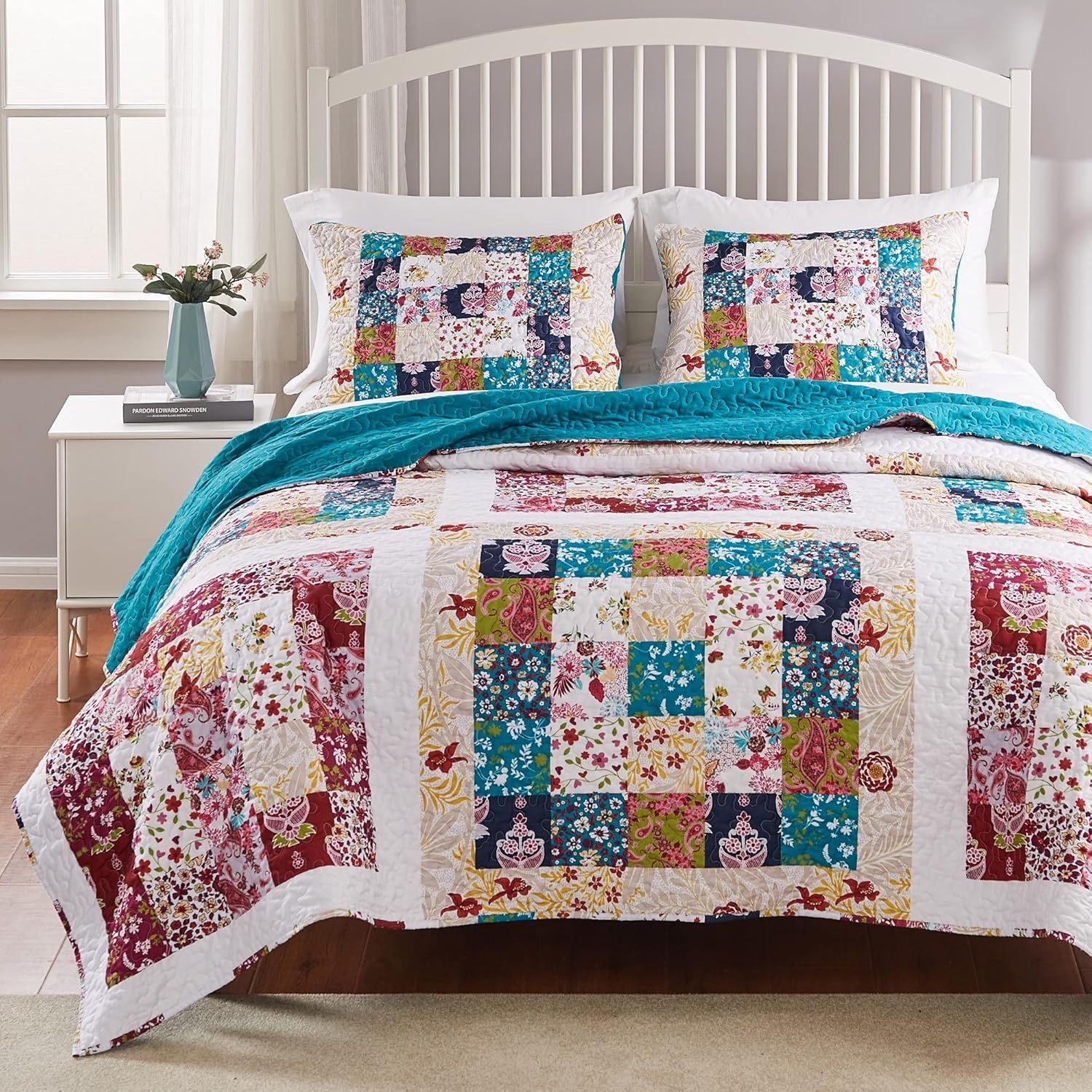 Teal and Multicolor Patchwork Twin Microfiber Quilt Set