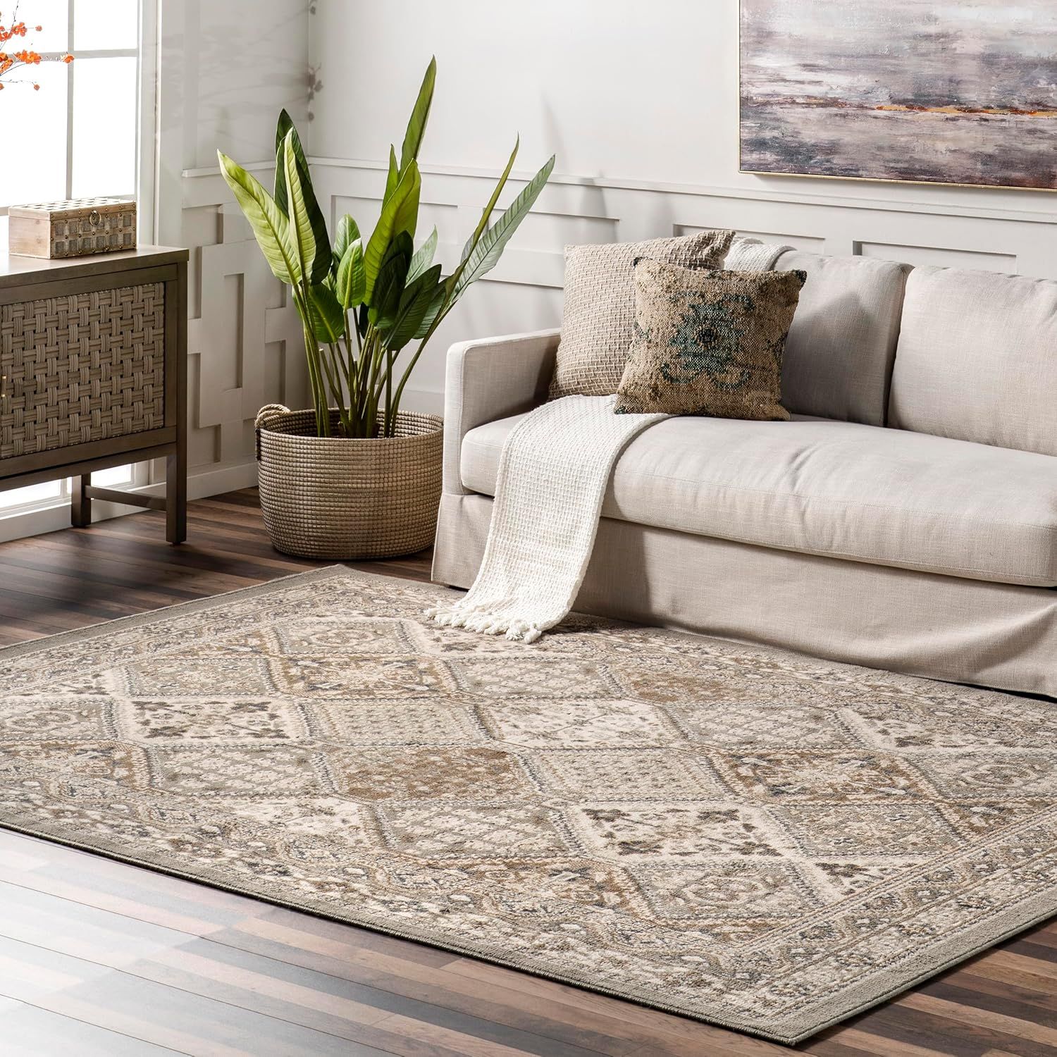 Gray and Beige Synthetic Traditional Tiled 3x5 Area Rug