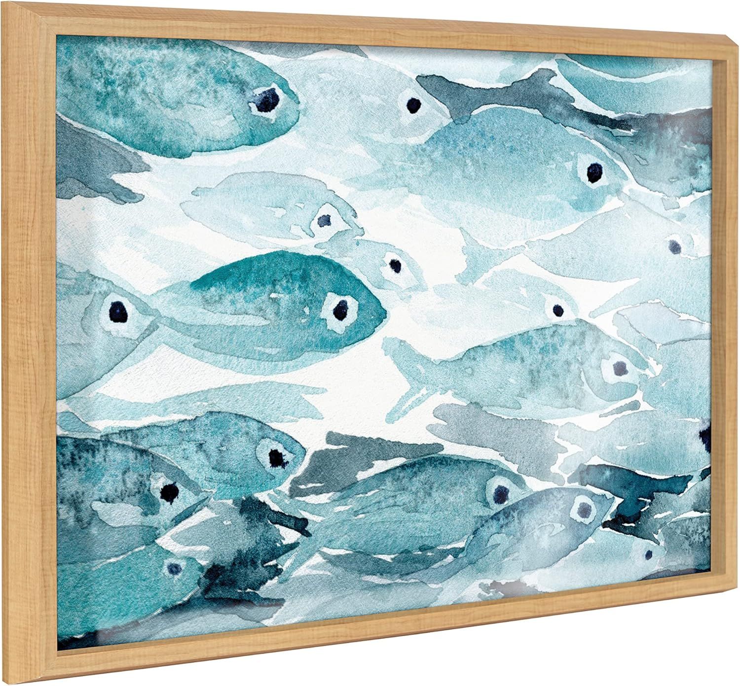 Natural Framed Blue Marine Life Glass Wall Art, 18x24