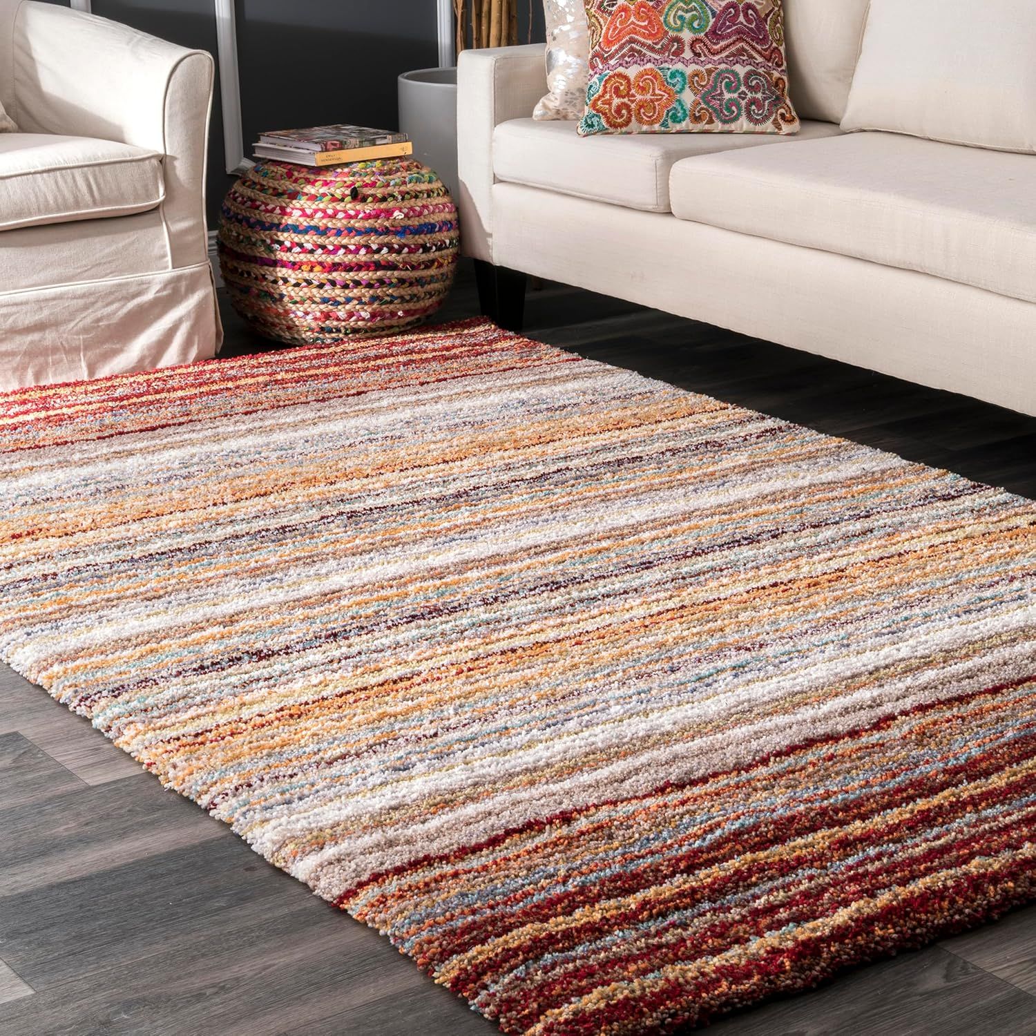 Handmade Red Multi Striped Shag 9' x 12' Area Rug