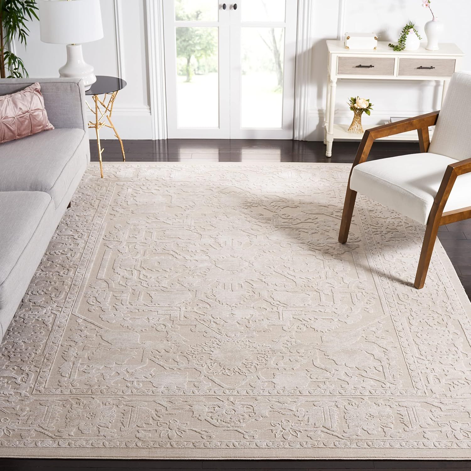 Elegant Ivory Floral 5' Square Synthetic Easy-Care Rug