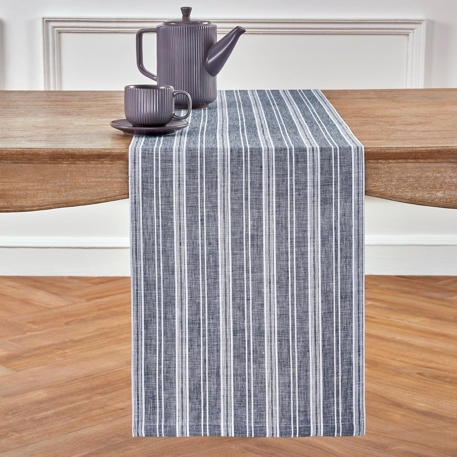 Navy and White Chelsea Stripe Linen Table Runner 14 x 36 Inch