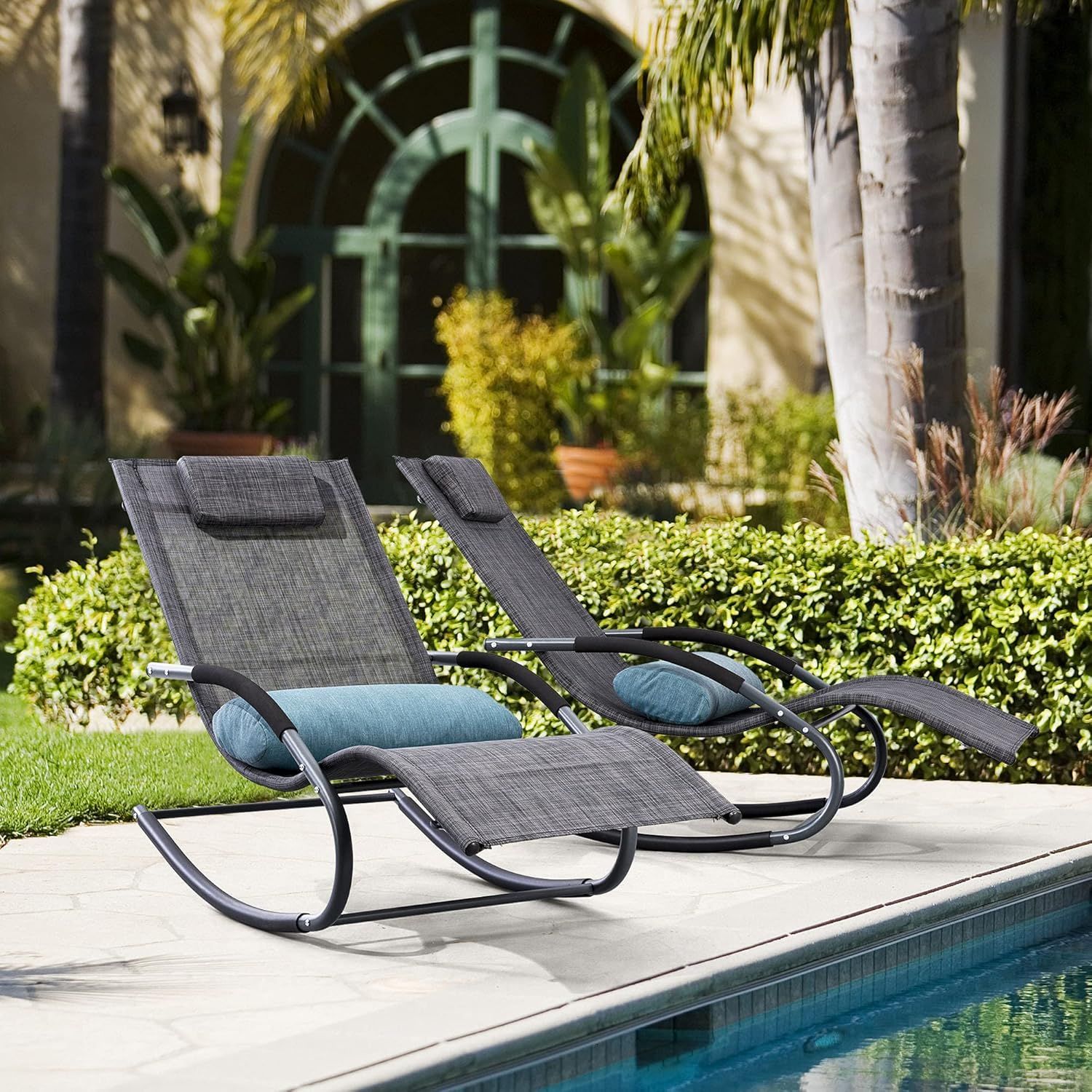 Dark Gray Steel Frame Outdoor Chaise Lounge with Cushions, Set of 2