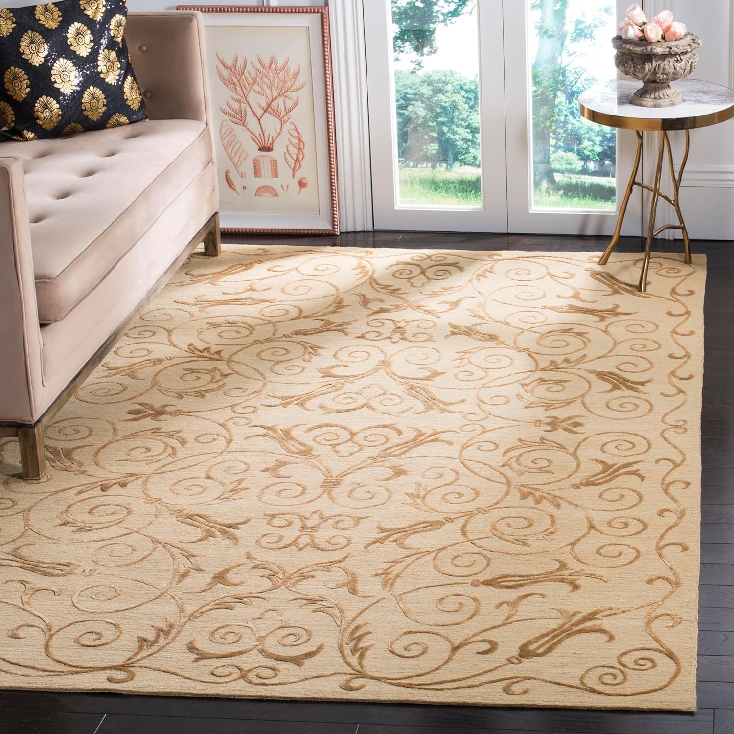 Hand-Knotted Light Gold Wool Silk Geometric 4' x 6' Rug