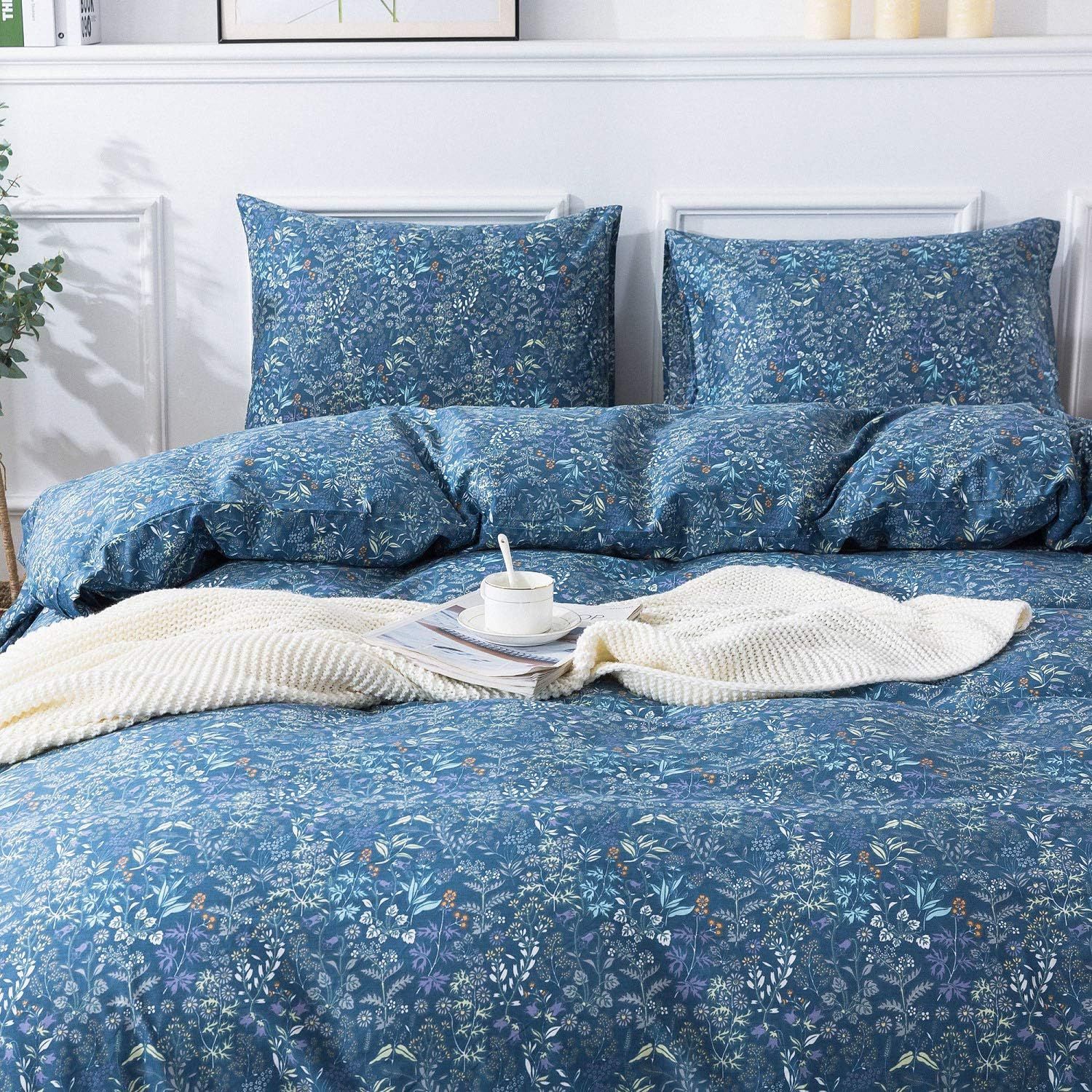 Blue Floral Cotton Queen/Full Duvet Cover Set