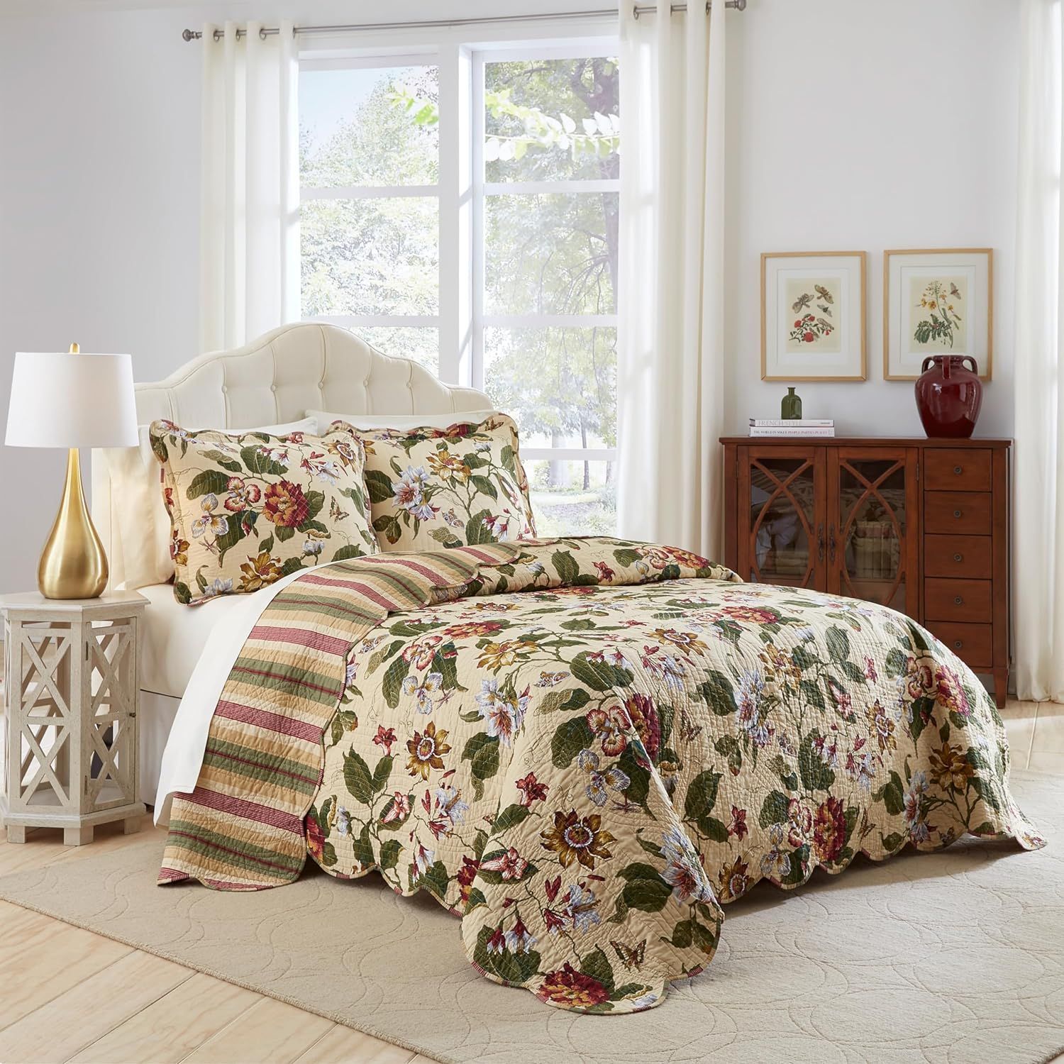 King Red Cotton Reversible Floral Bedspread Set