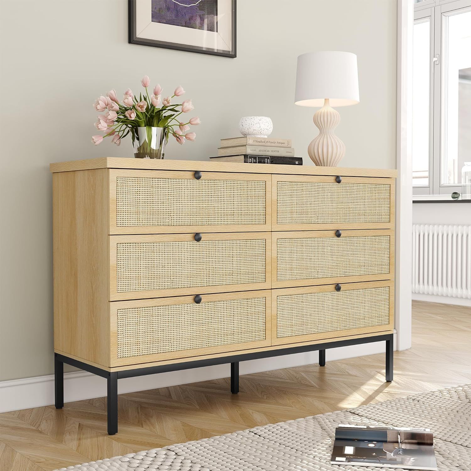 Natural Rattan 6-Drawer Dresser with Black Steel Legs