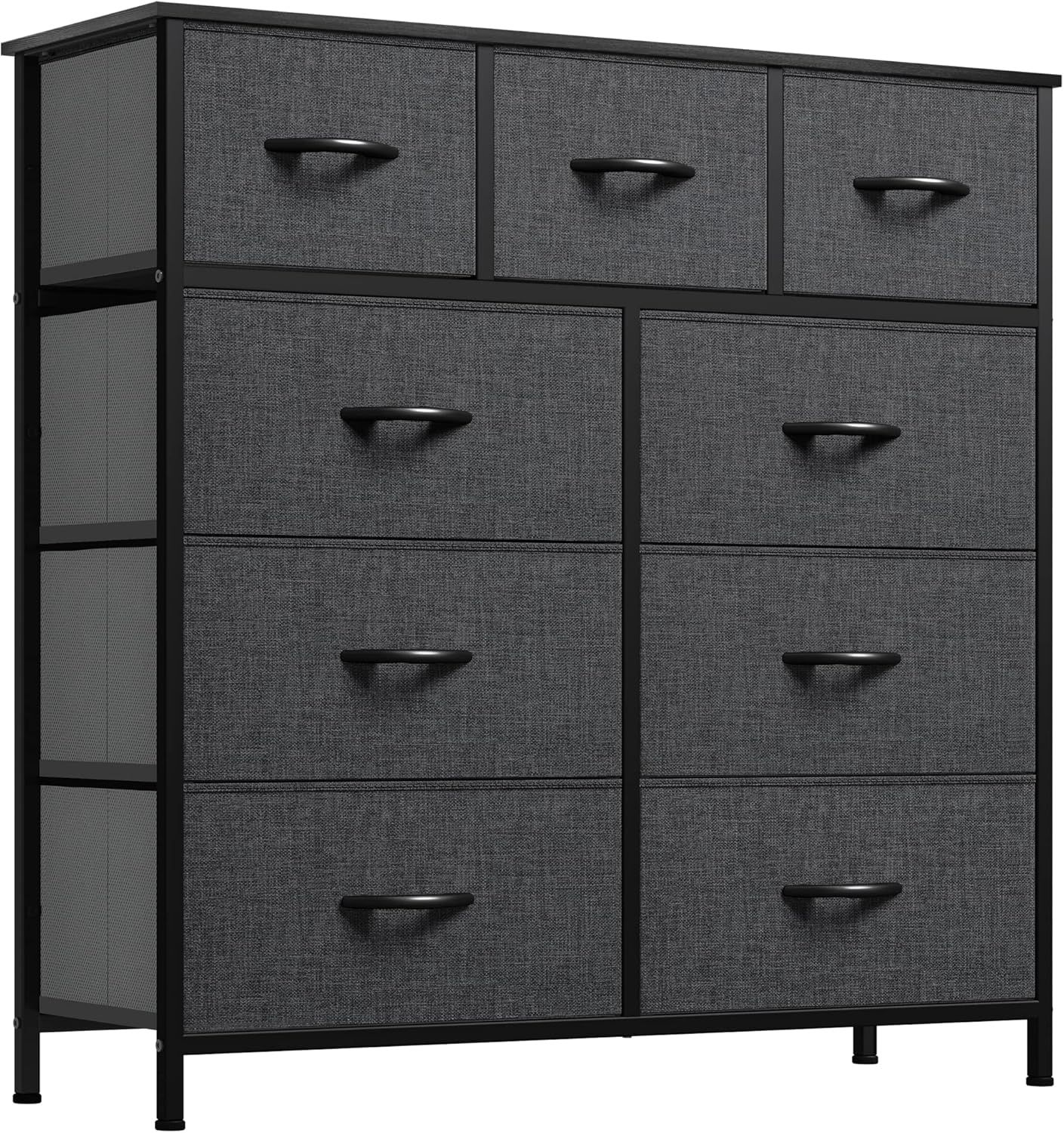 Black Gray 9-Drawer Fabric Storage Tower with Wooden Top