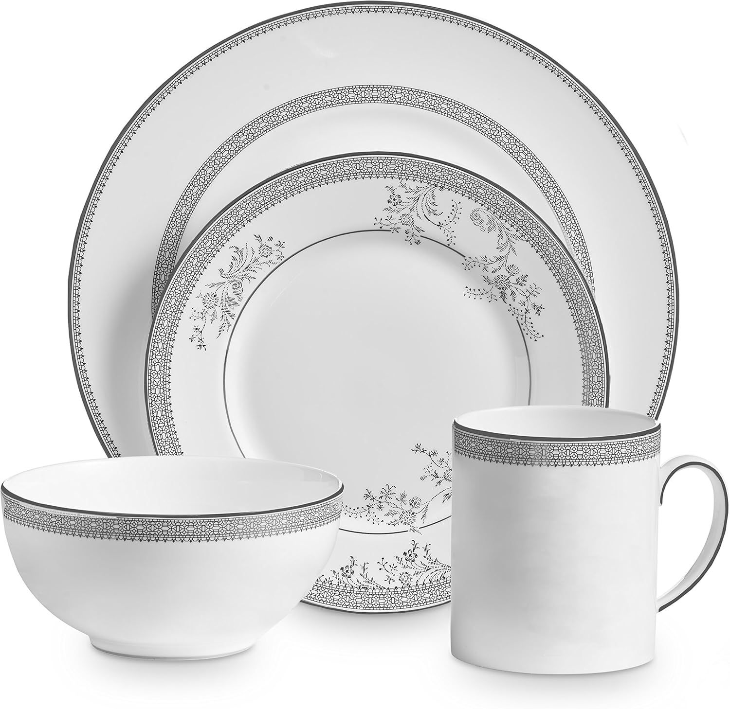 Elegant White and Platinum Porcelain 4-Piece Dinnerware Set