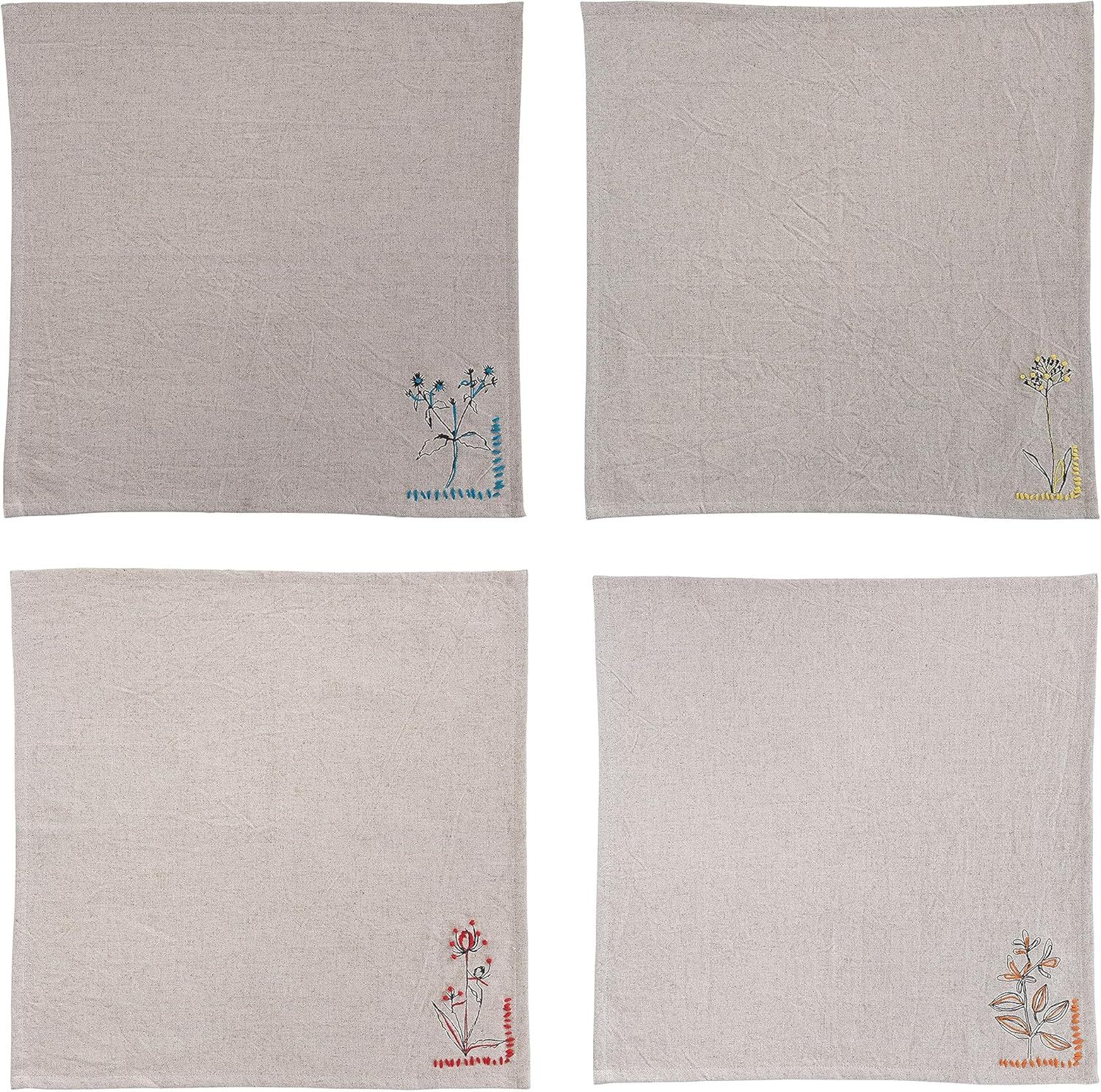 18" Gray Cotton and Linen Floral Embroidered Napkins, Set of 4