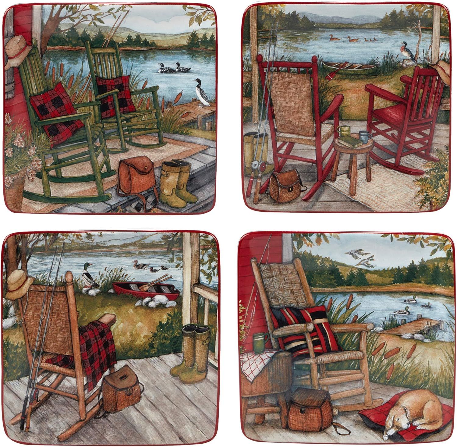 Rustic Lake Retreat Ceramic Square Appetizer Plates, Set of 4