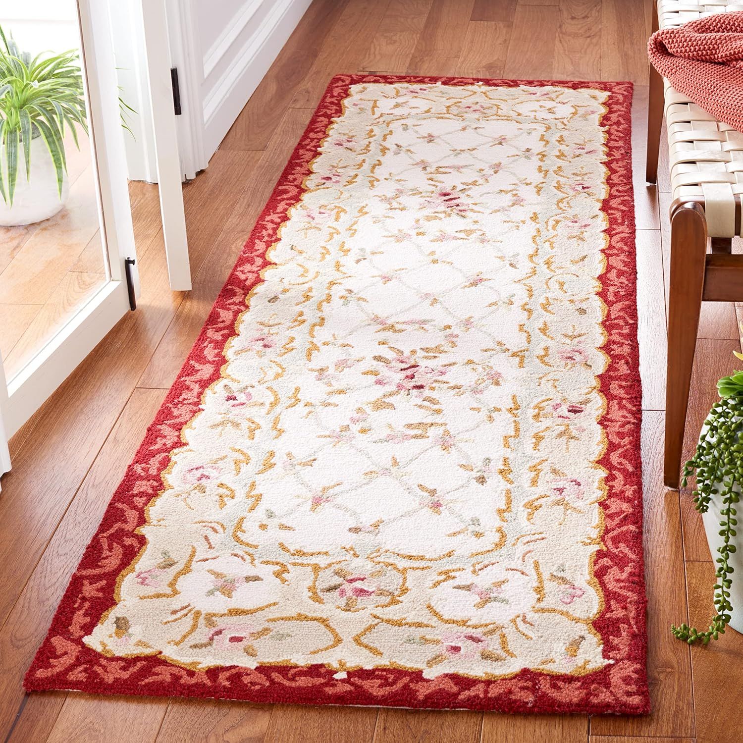 Handmade Ivory Wool Area Rug with Burgundy Border