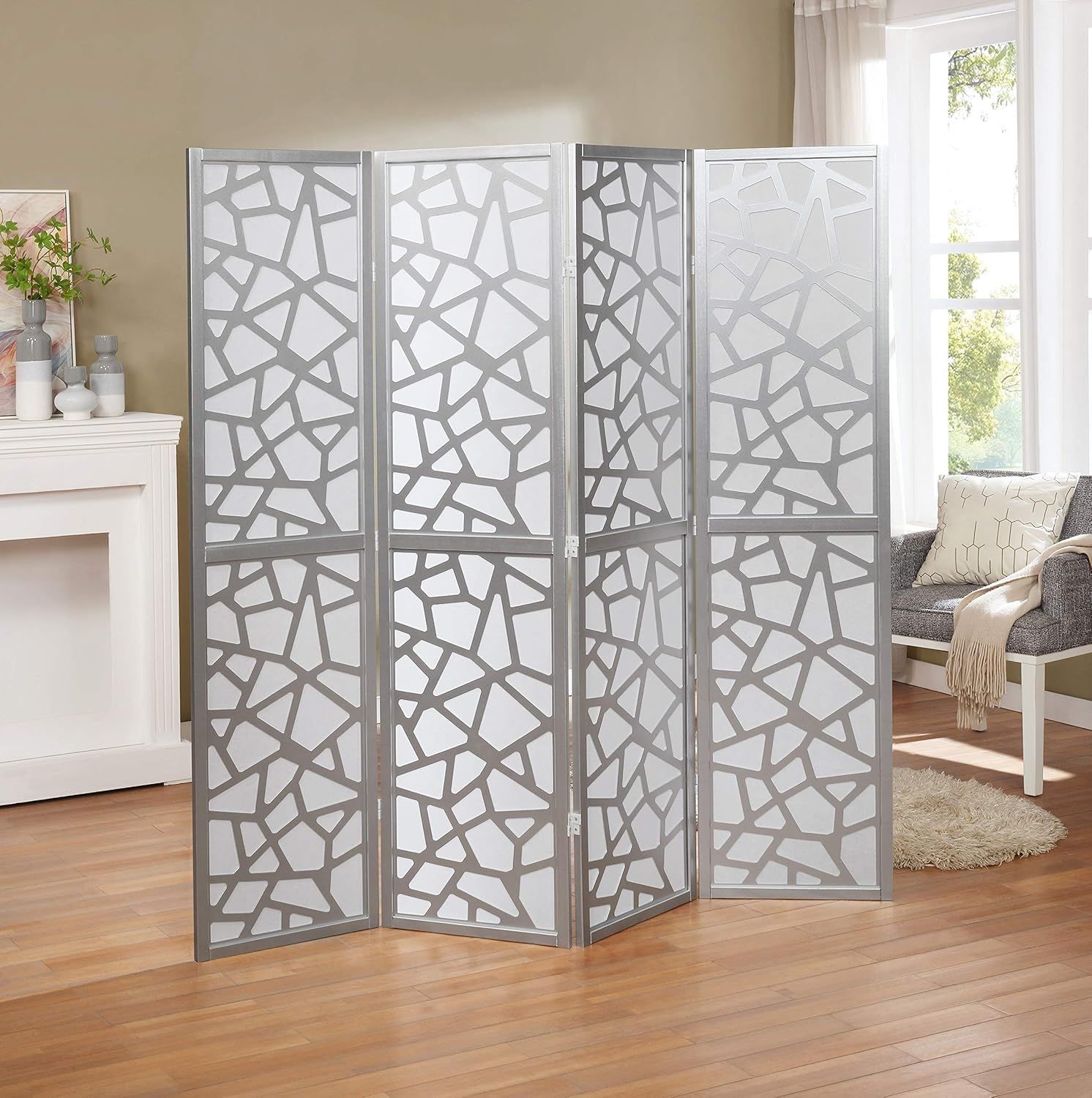 Silver 4-Panel Contemporary Folding Room Divider