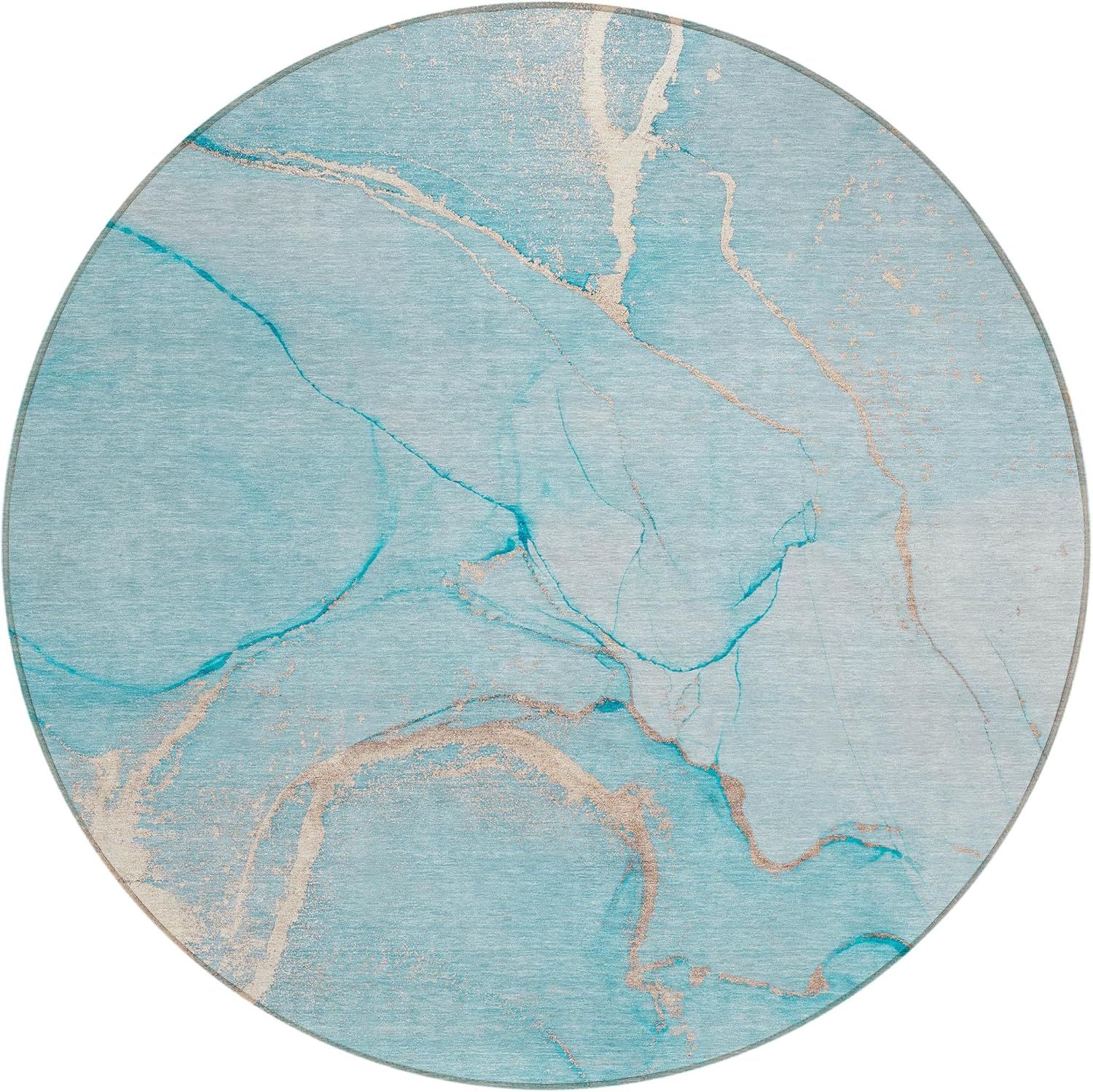 Teal Synthetic Round Machine-Washable Area Rug with Non-Skid Backing