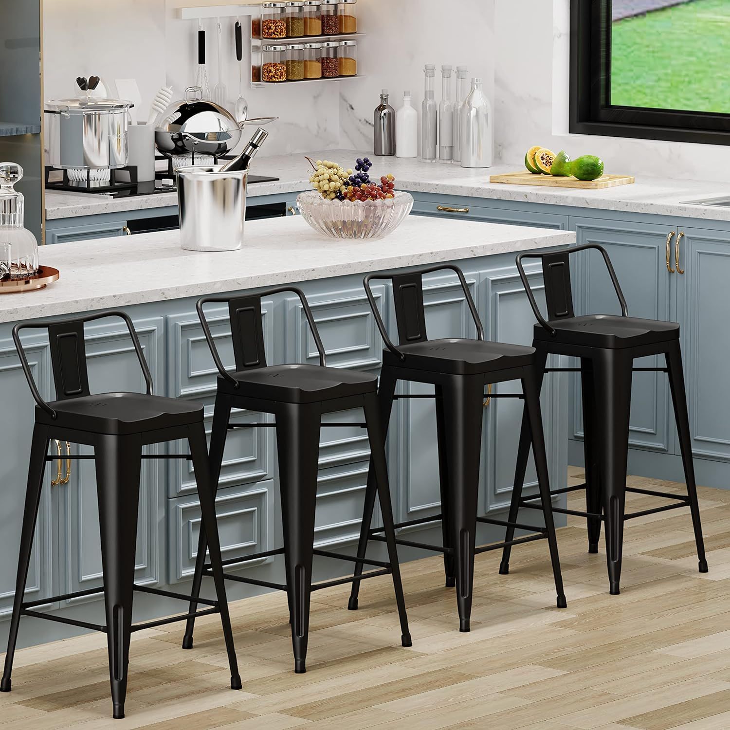 Set of 4 Black Metal and Wood Counter Height Bar Stools