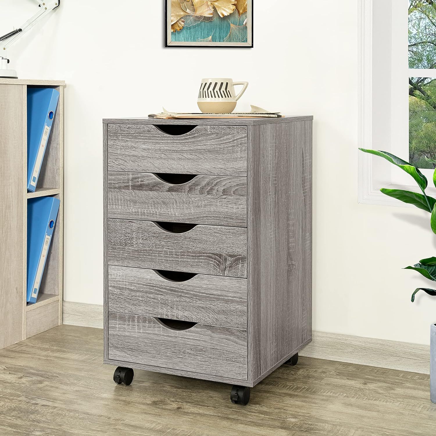 Grey Oak 5-Drawer Office Storage Cabinet with Casters