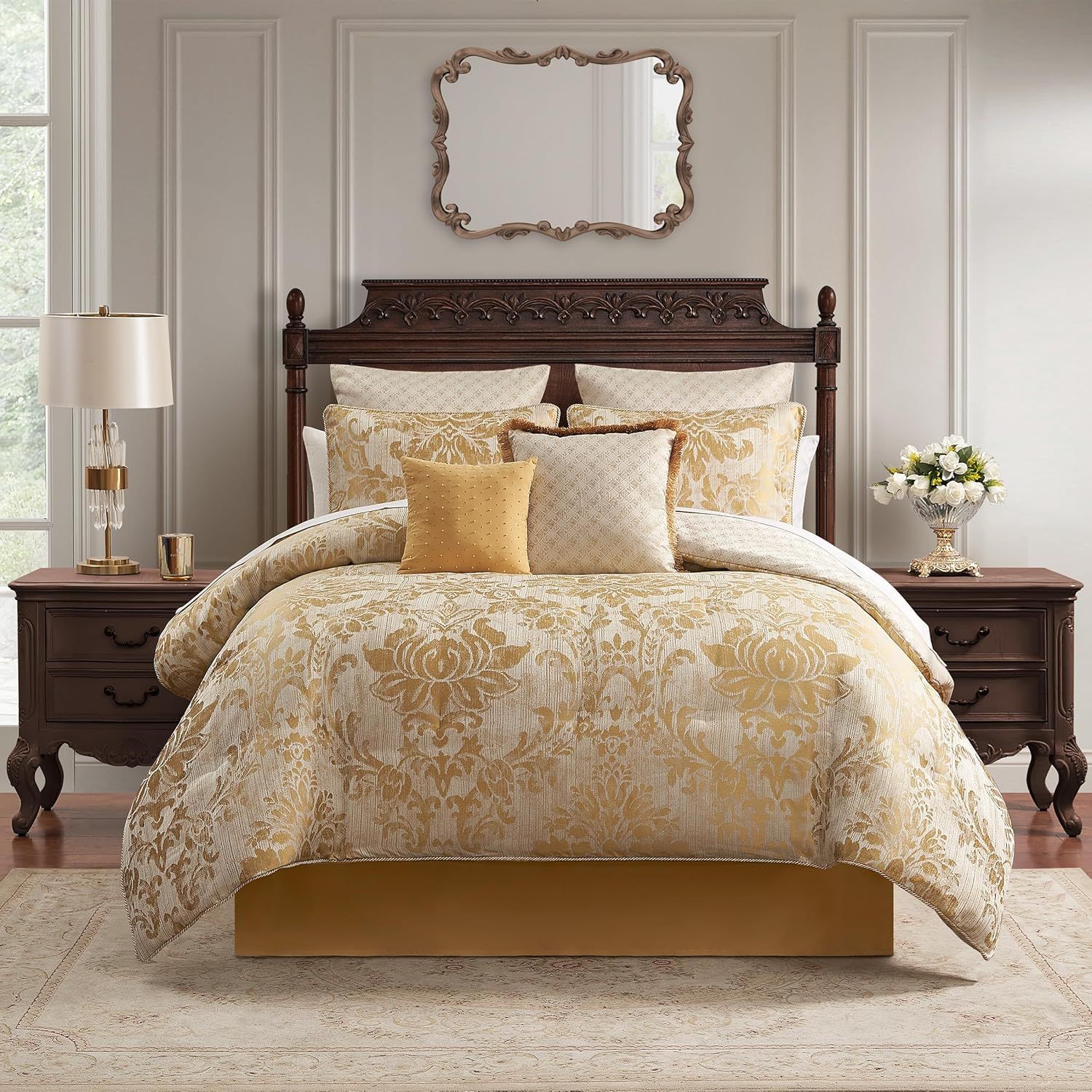 Ivory and Gold Reversible Queen Bedspread Set