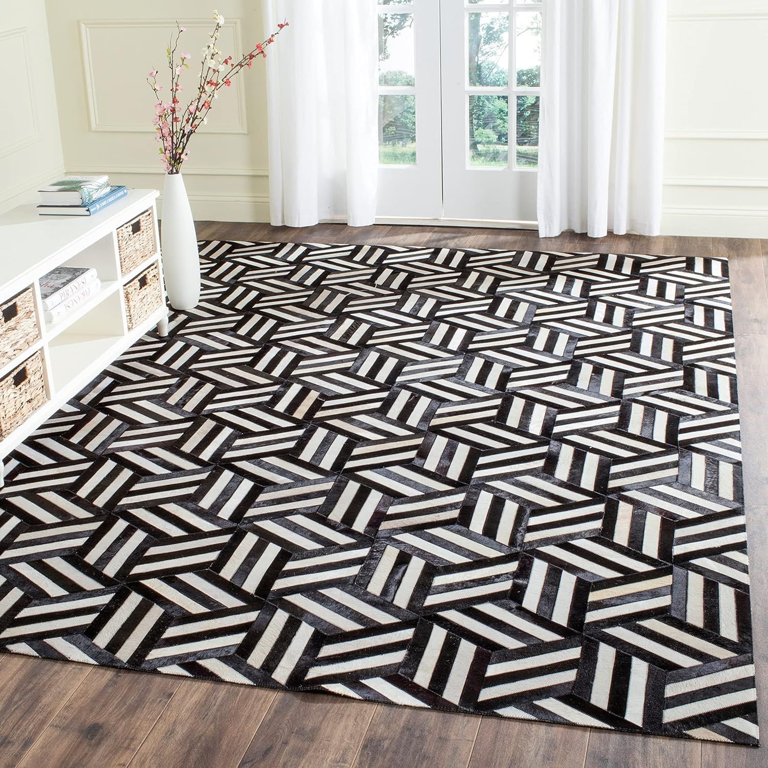 Ivory and Black Geometric Cowhide Area Rug, 8' x 10'