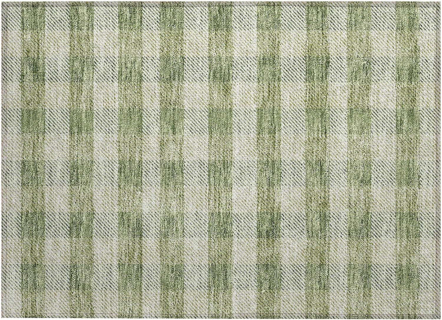 Green and White Plaid Indoor/Outdoor Washable Synthetic Rug