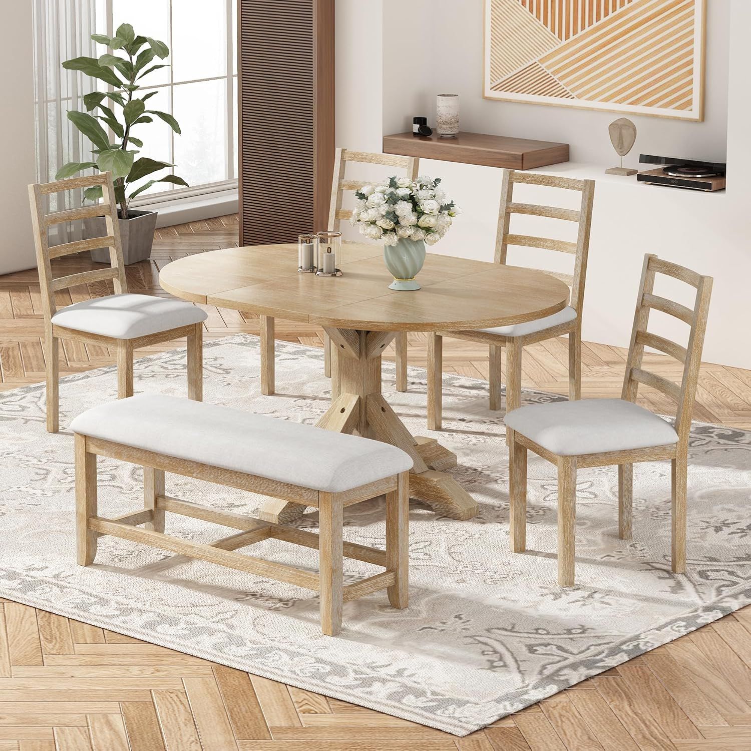 Natural Wood Extendable Pedestal Dining Set with Upholstered Chairs and Bench