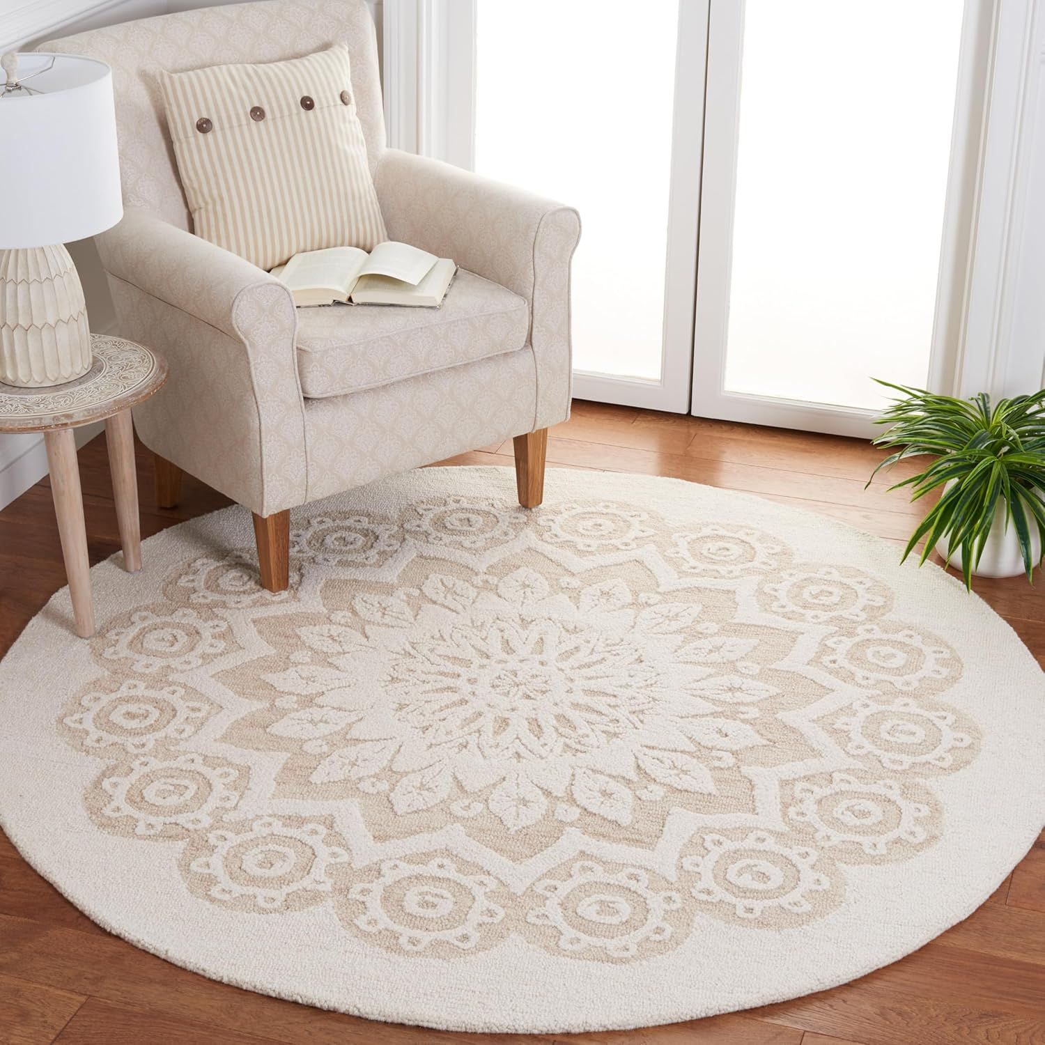 Ivory and Light Brown Round Floral Wool Tufted Area Rug