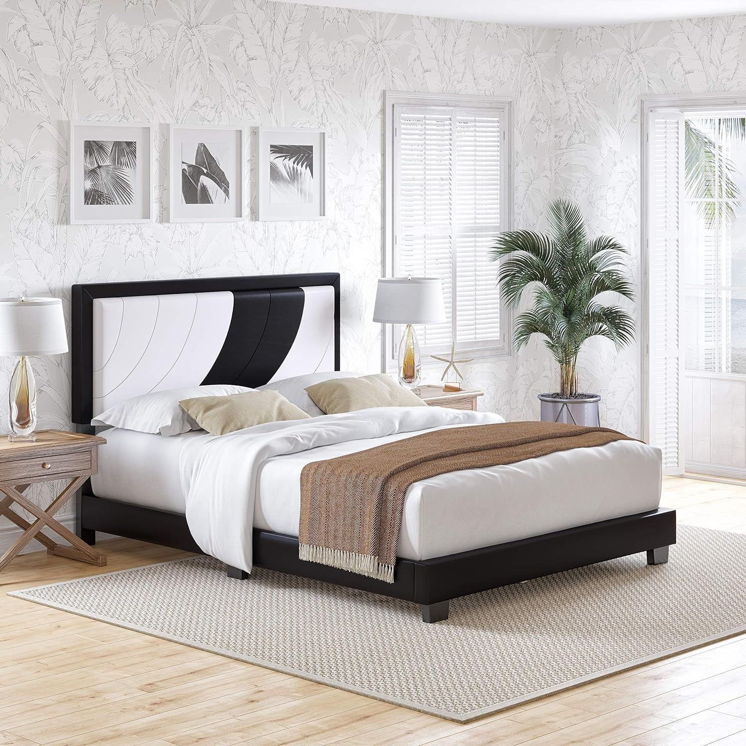 Nautical Wave Queen Platform Bed in White & Black Faux Leather