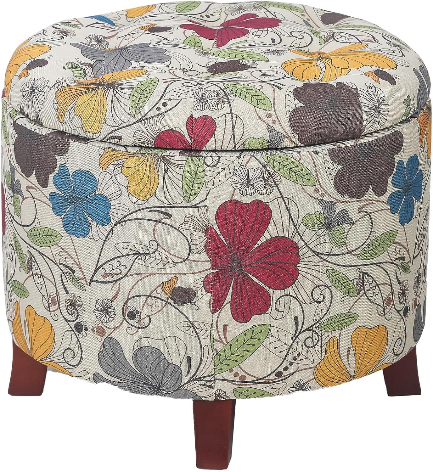 Floral Multicolor Tufted Round Storage Ottoman with Wooden Legs