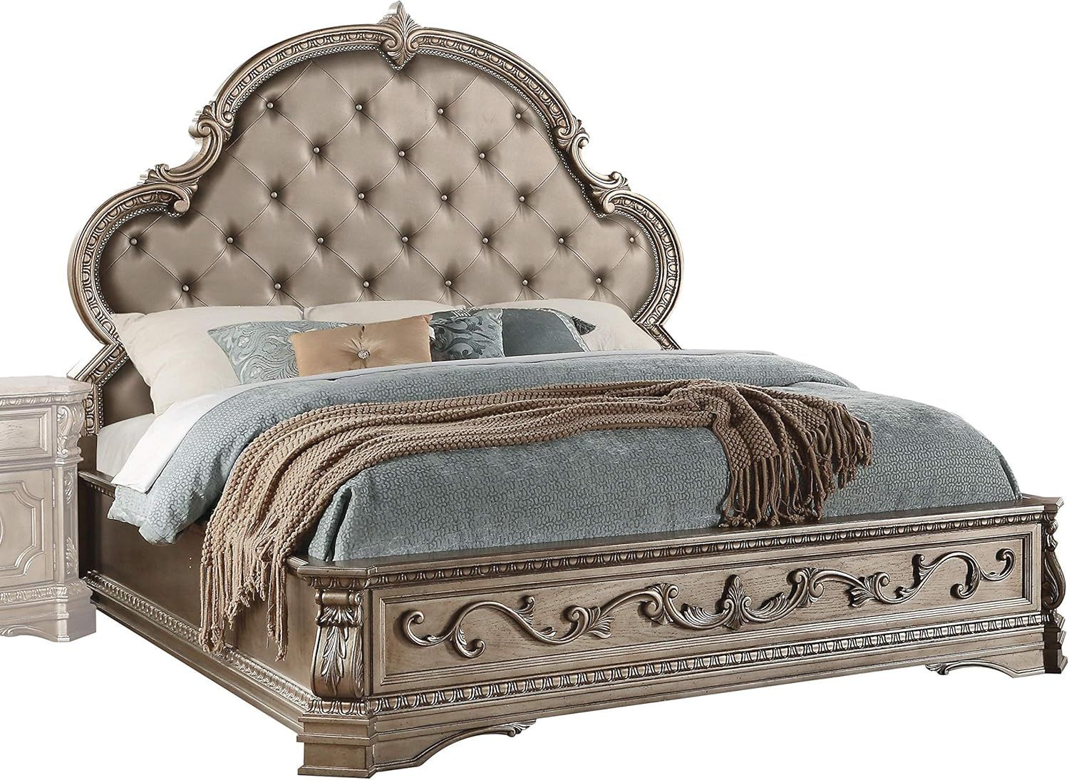 Antique Champagne King Wood Upholstered Bed with Tufted Headboard