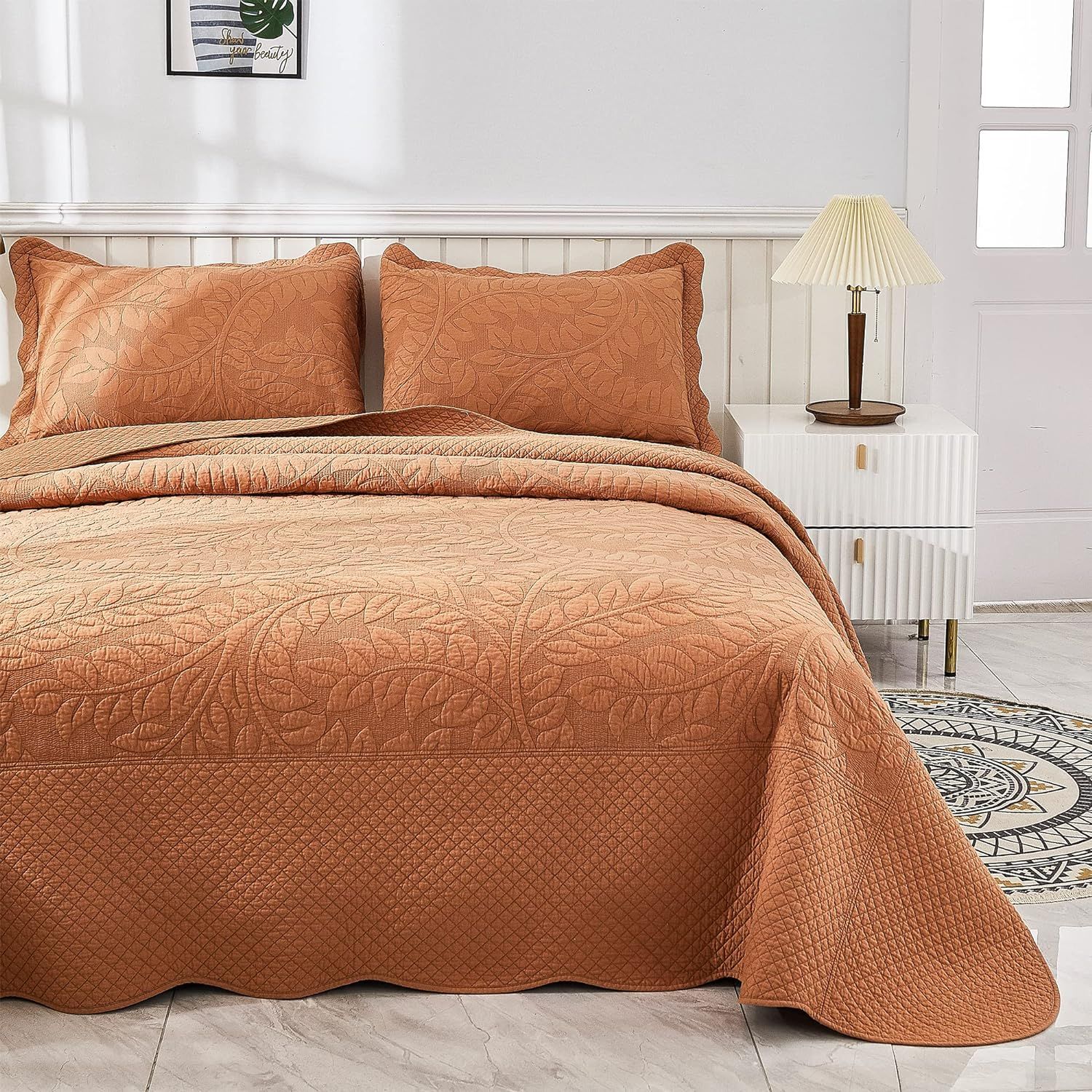 Oversized Orange Cotton Queen Bedspread Set with Quilted Pattern