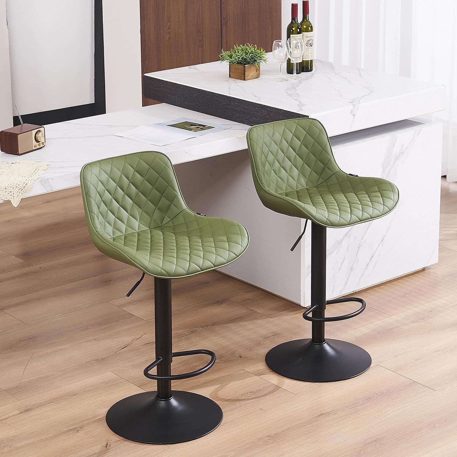 Olive Green Adjustable Faux Leather Swivel Bar Stools Set of 2