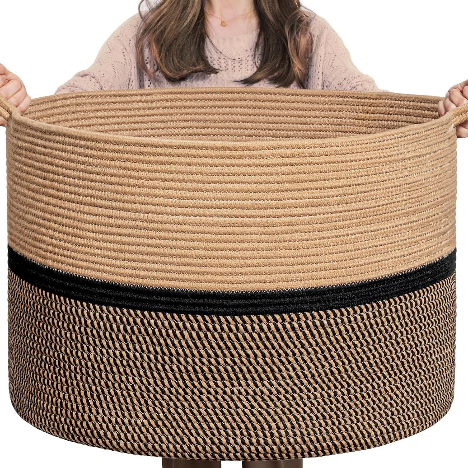 Extra Large Beige and Black Cotton Rope Storage Basket