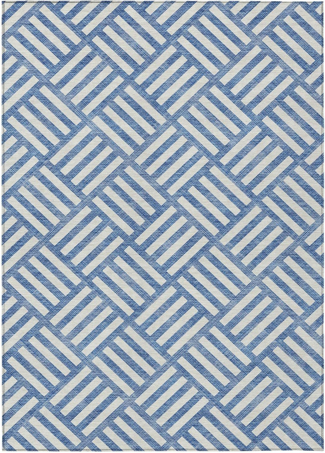 Blue Geometric Flat Woven Washable 5' x 7' Rug