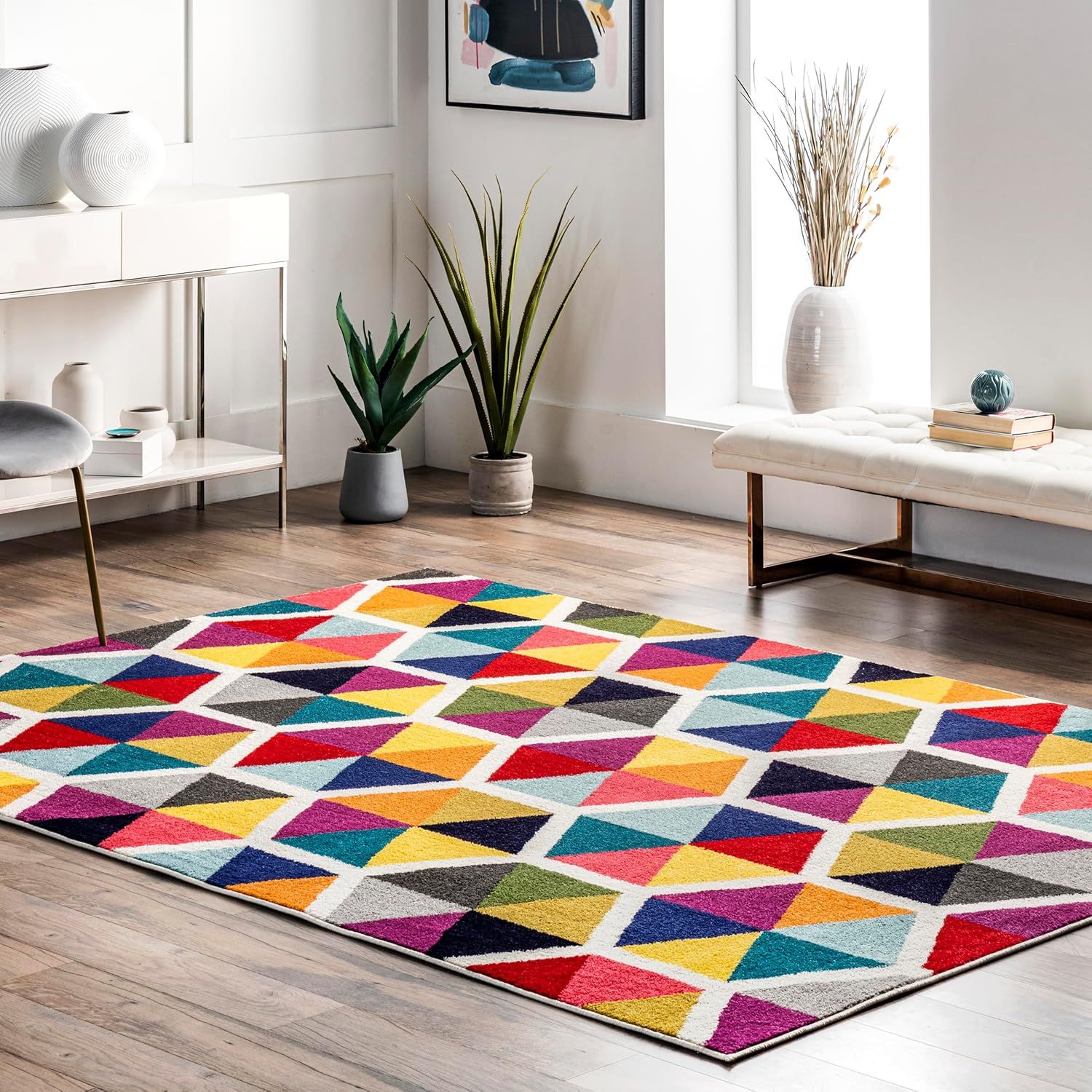 Vibrant Geometric 3x5 Multicolor Synthetic Area Rug